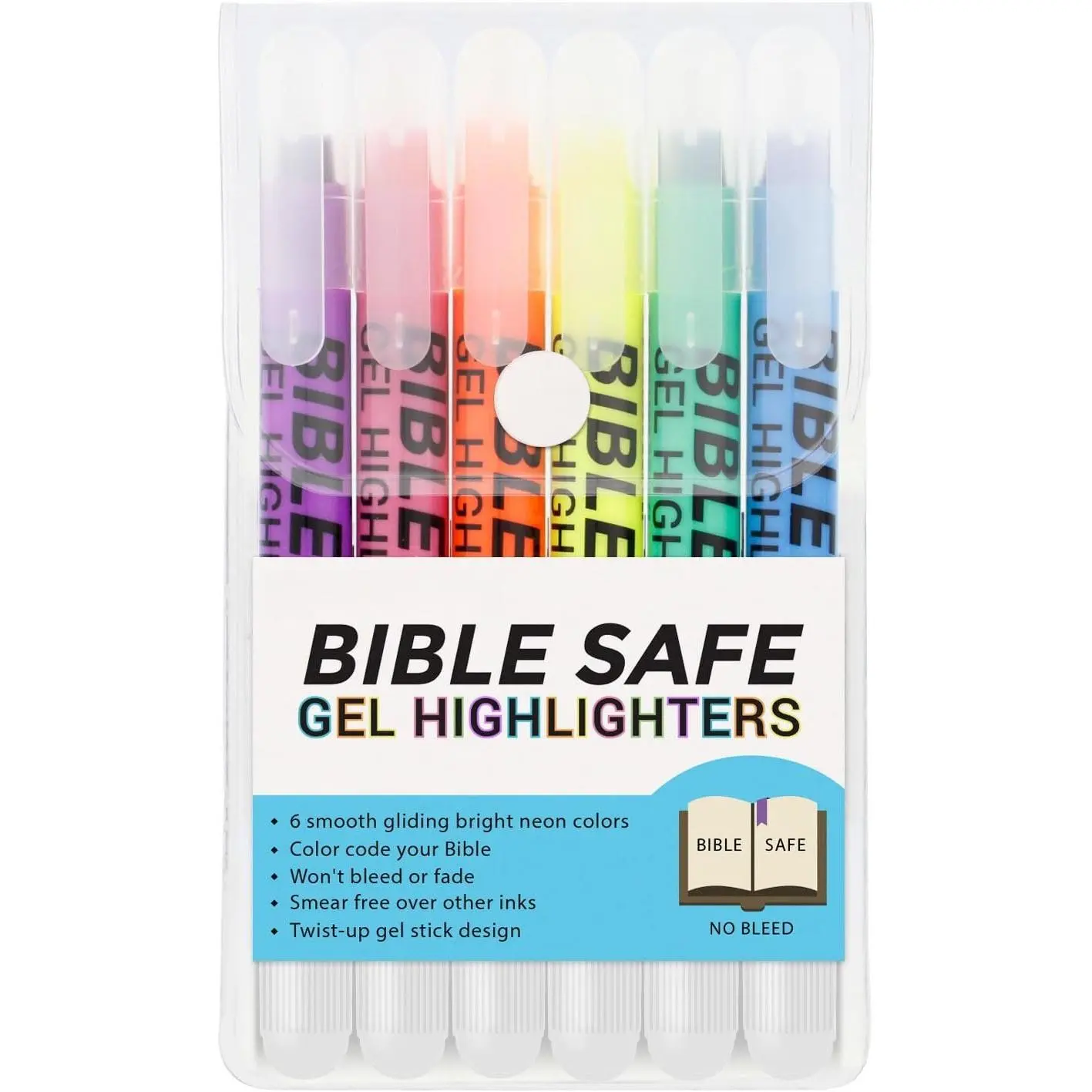 U.S. Safe Neon Fluorescent Gel Stick Highlighter Set (6 Colors) - No Bleed, Fade or Smear, Safe Ink for Highlighting on Paper Surfaces, Office Stationery Writing Accessory