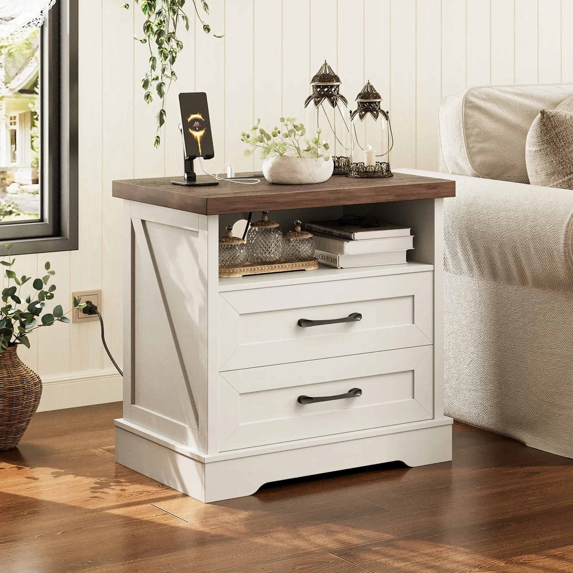AODK Farmhouse 2-Drawer Nightstand, 24in Wood Bedside Table with Outlet and USB Charging Station for Bedroom