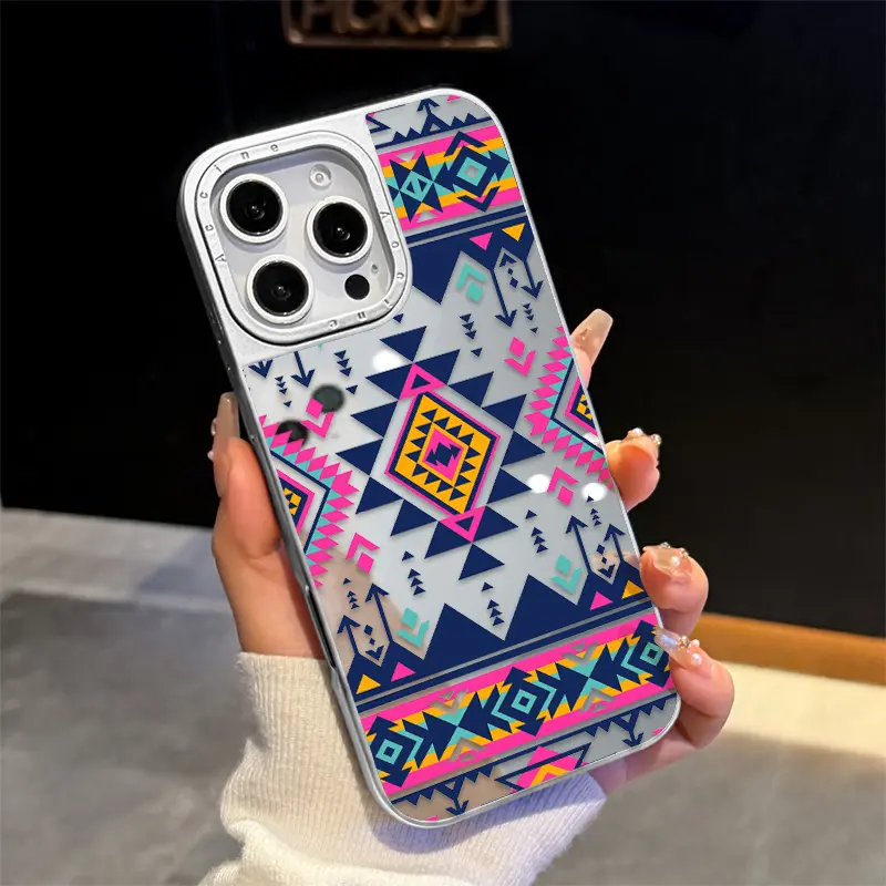 Luxury 2-in-1 Reflective Electroplated Mirror Case for iPhone 17, 16, 15, 14, 13, 12 Pro Max Plus - Tribal Geometric Pattern, Glossy Silver Back, Anti-Drop, Shockproof, Durable Everyday Guard, Sturdy