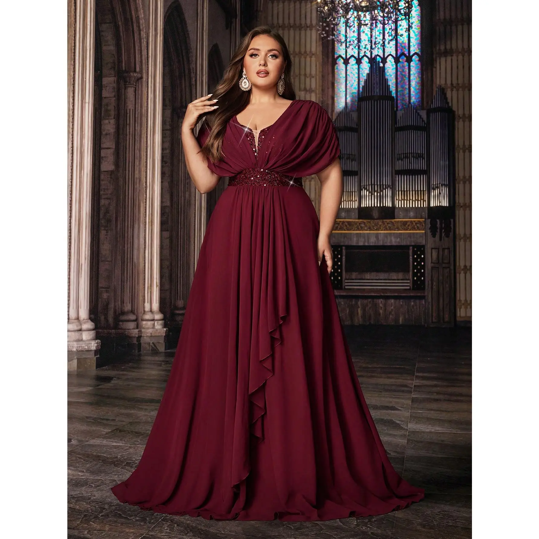 Plus Size Surplice Wrap Chiffon Maxi Gown - Surplice V-Neck, Ruched Waist, Loose Swing A-Line, Floor-Length Formal Dress for Curvy Figures, Chiffon Fabric, Cold Hand Wash (Church Dinner Party Use)