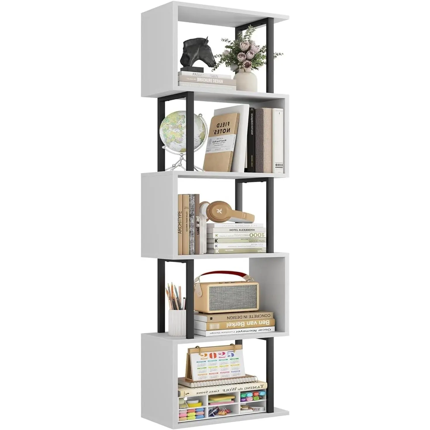 White 5-Tier Narrow S-Shaped Geometric Wood Bookcase, Freestanding Decorative Storage Shelving Unit, Modern Display Shelves for Living Room, Home Office