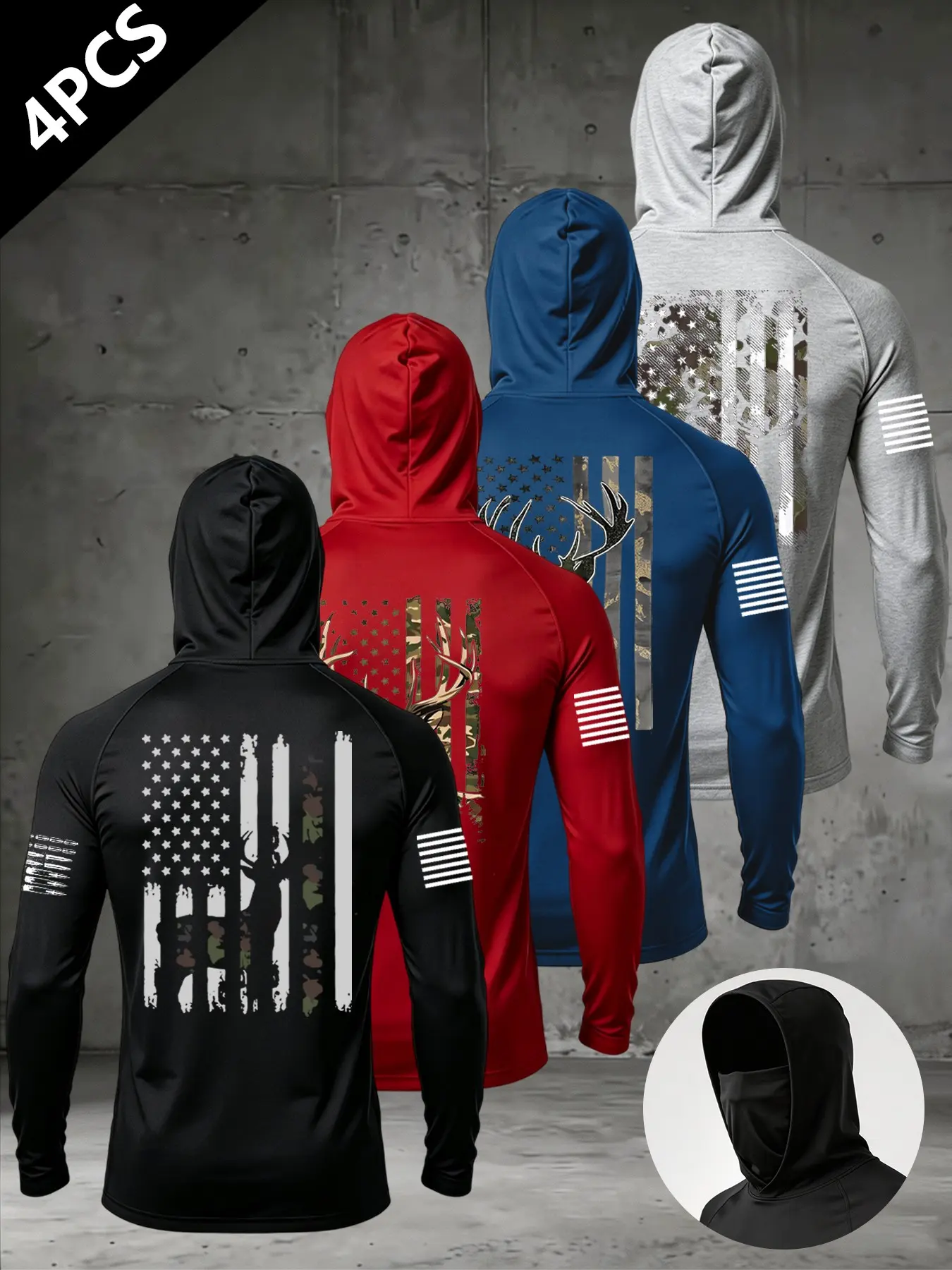 4 Piece Men's Hooded Long Sleeve Set, Flag Deer Print, Outdoor Casual Wear, Ideal for Fishing, Hiking, Sports, Fitness