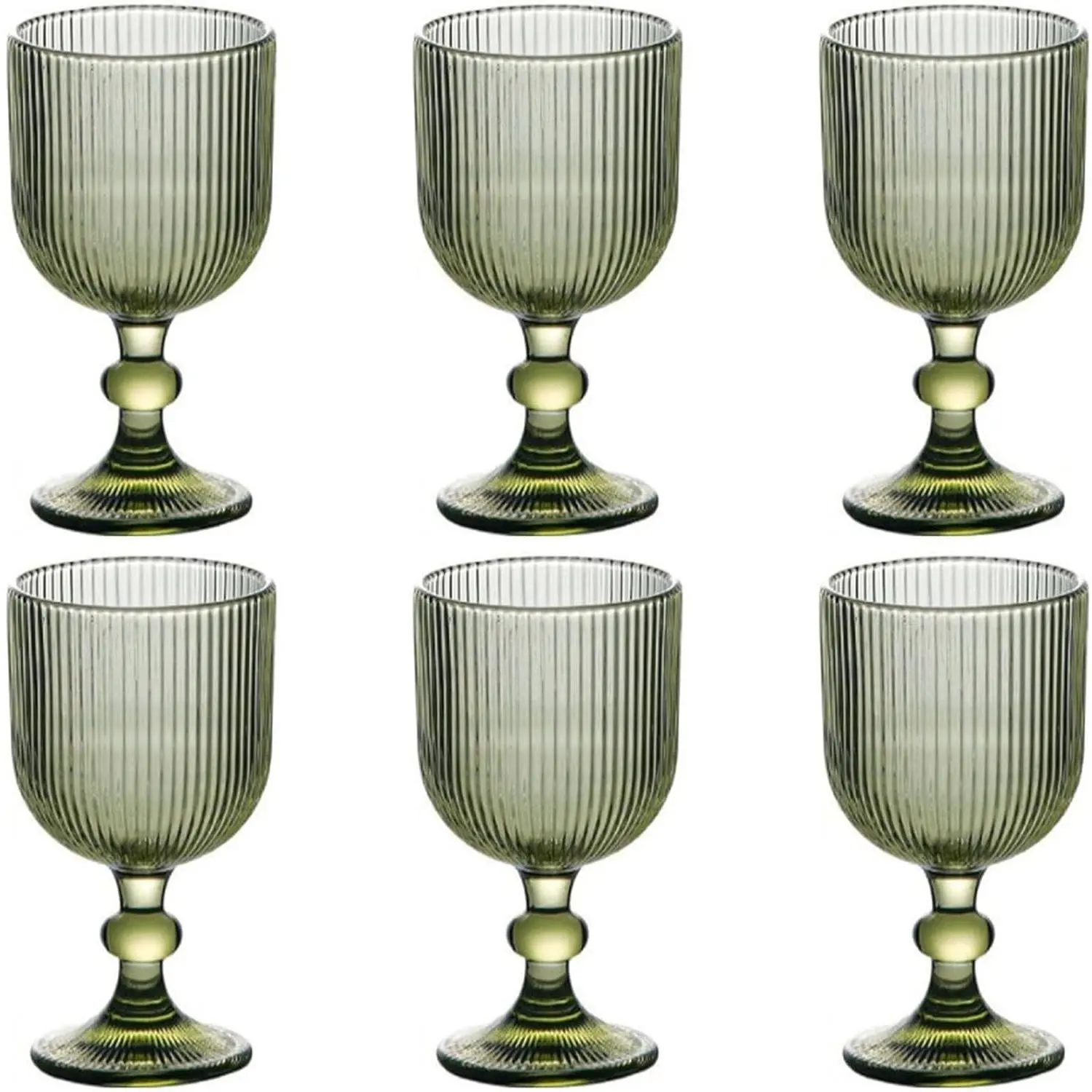 Green Drinking Glasses set of 6 Big Wine Goblets Vintage Colored Glassware 13 oz 400ml Vertical Line Embossed Pattern Stemmed Cups for Wedding Party Bar