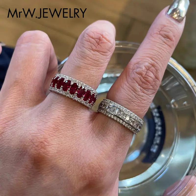 Vintage Old Money Style Red Corundum Pigeon Egg Diamond Ring for Women, Retro Cool Full-Diamond Colored Gemstone Ring