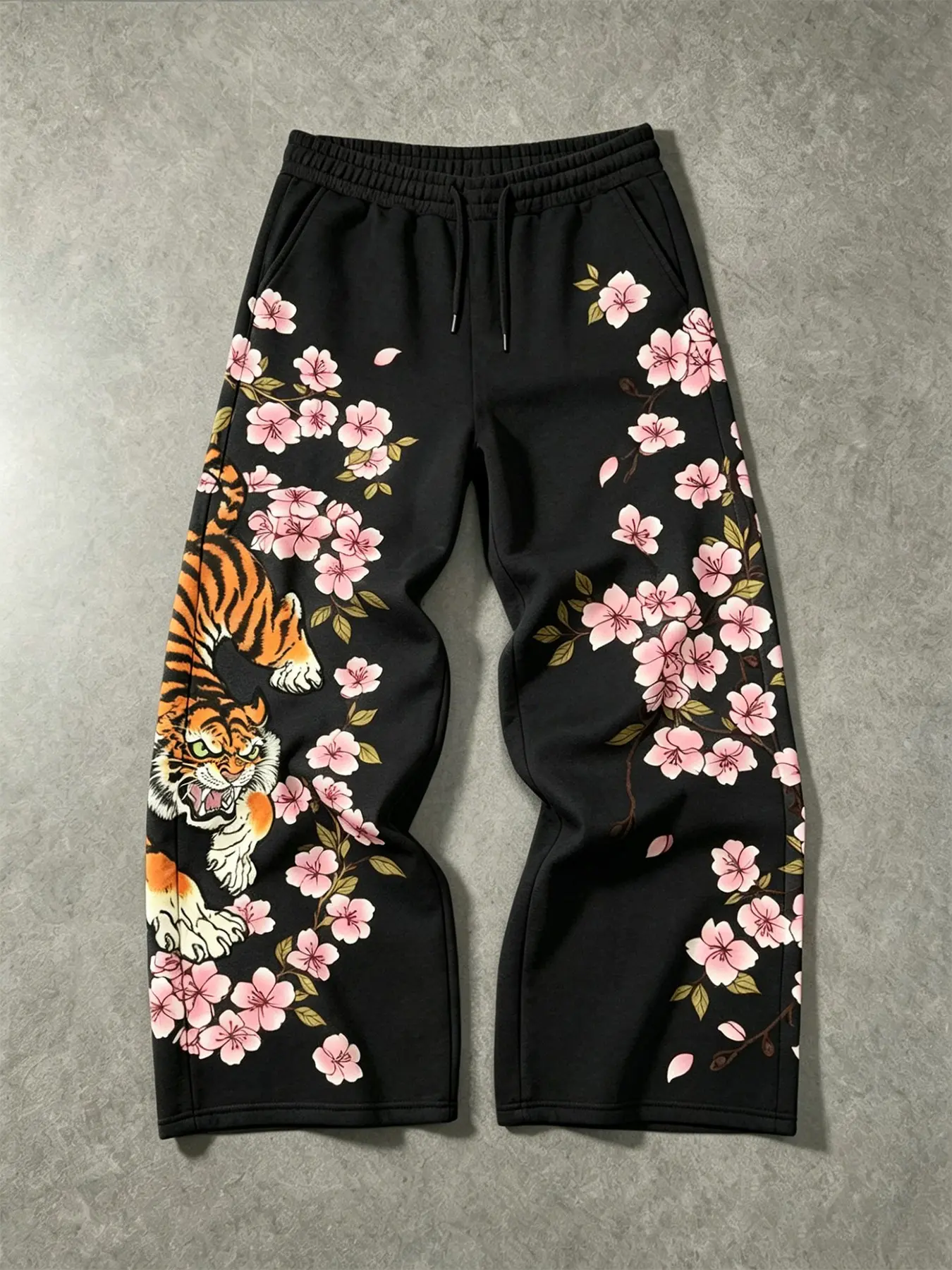 Men's Black Tiger Cherry Blossom Graphic Sweatpants, Baggy Wide-Leg Drawstring Pants with Floral Branch Print, Elastic Waist, Side Pockets and Relaxed Straight Legs, Retro Y2K Japanese Streetwear for Campus, Skate, Travel, Festivals and Casual Wear