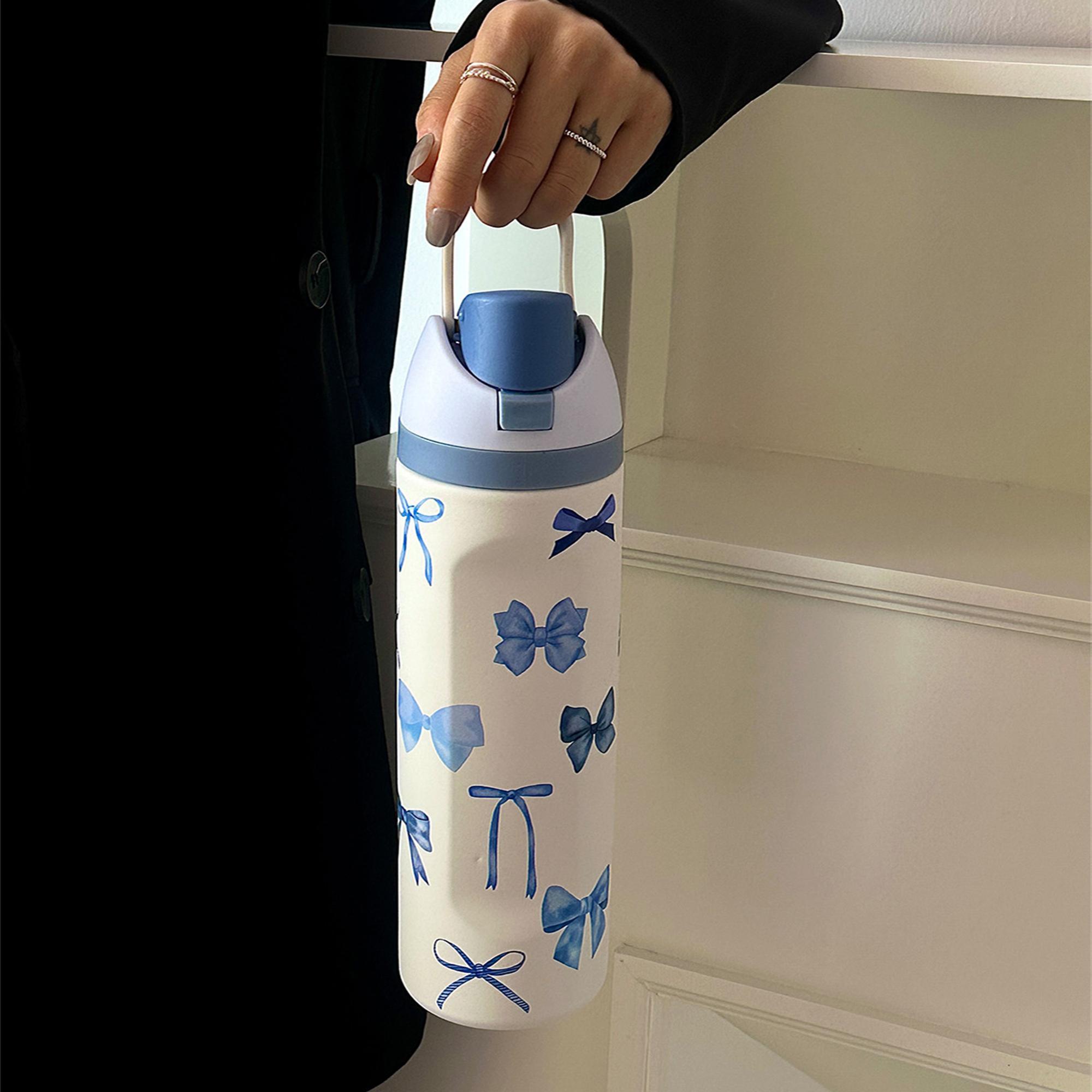 Bow Pattern Stainless Steel Vacuum Flask, 1 Count Portable Leakproof Traveler Tumbler Insulated Water Bottle with Straw, Summer Cool Drinking Cup for Home, Office, School and Outdoor Camping, Drinkware