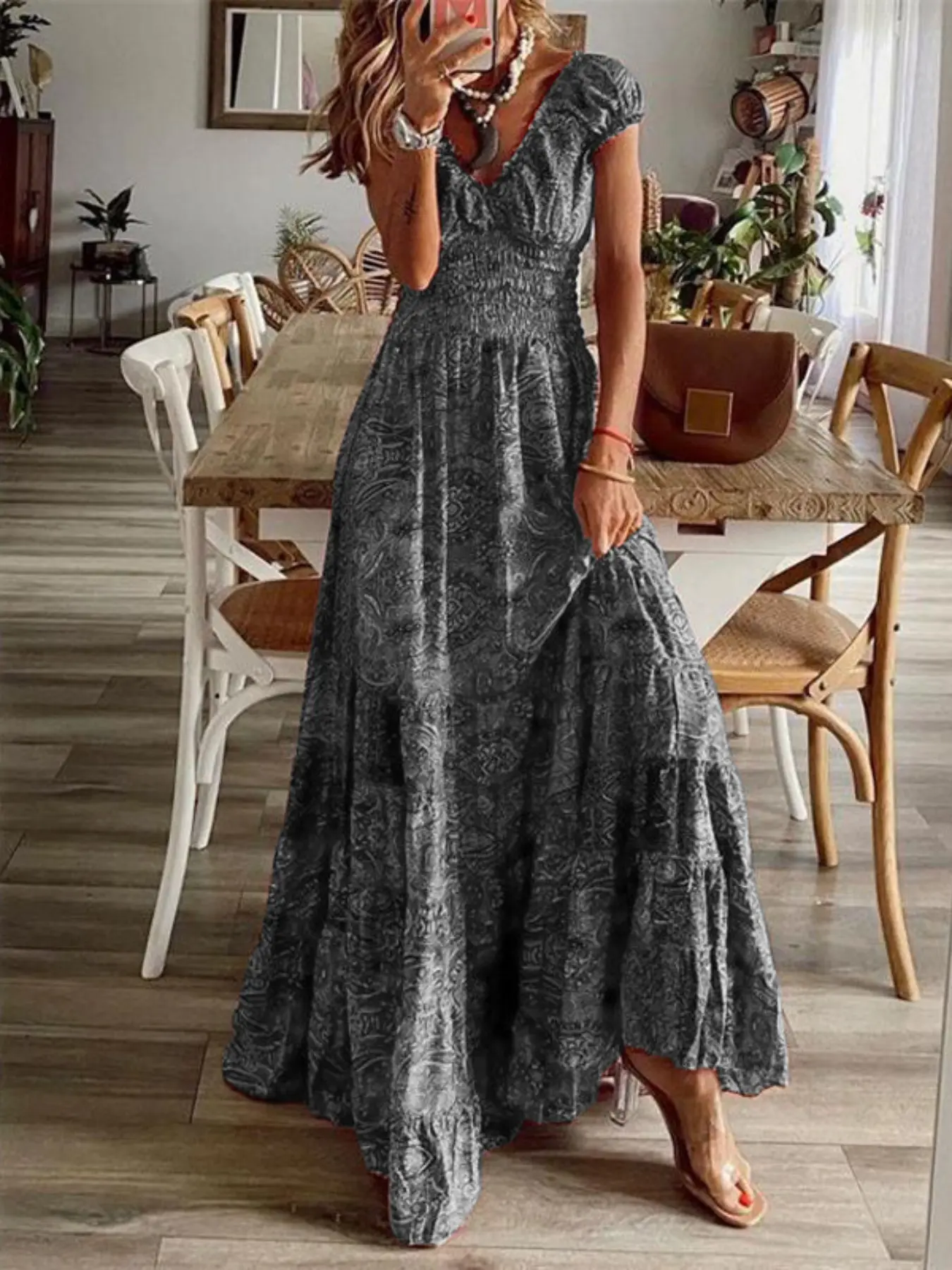 Boho Style Elegant Chic Long Dress, New Arrival Floral Print Maxi Dress, Waist Cinched A-Line Style, European & American Fashion
