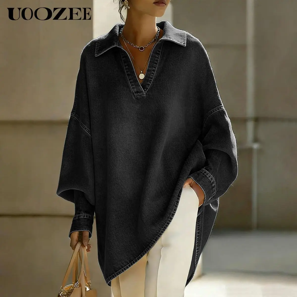 UOOZEE Women's 2026 Autumn/Winter Soft Thick Oversized Collared Cotton Blouse - Long Sleeve V-Neck High-Low Hem Minimalist Baggy Basic Washed Denim Tunic, Loose Boyfriend Plus Size Women's Clothes Layering Top (Pairs with Tank Tops, Leggings), Everyday, P