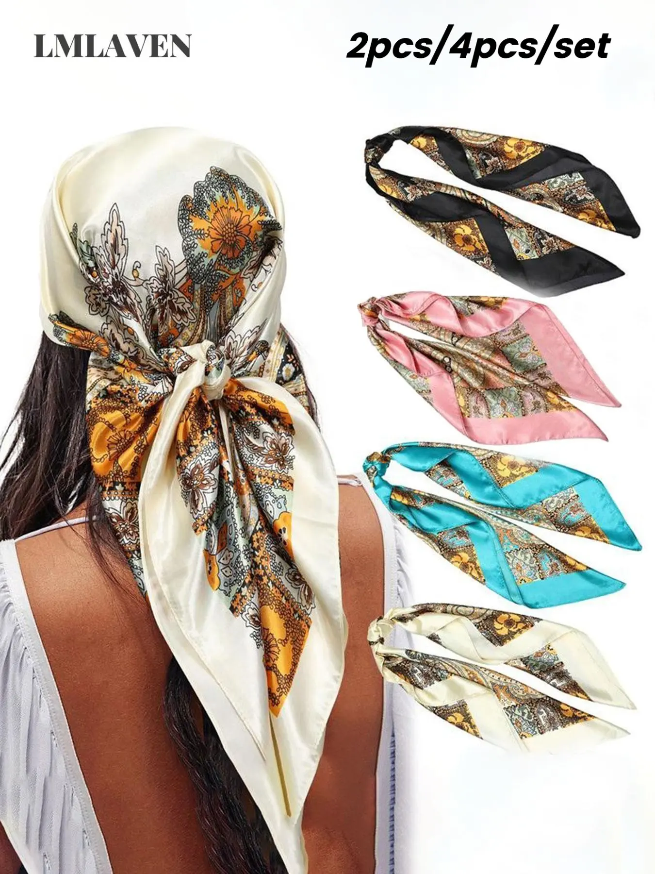 Fashion 90x90cm Large Square Head Scarf, Silk-Like Neck Scarf, Bandana Hair Wrap, Casual Random Print, All Seasons, Women's Accessory
