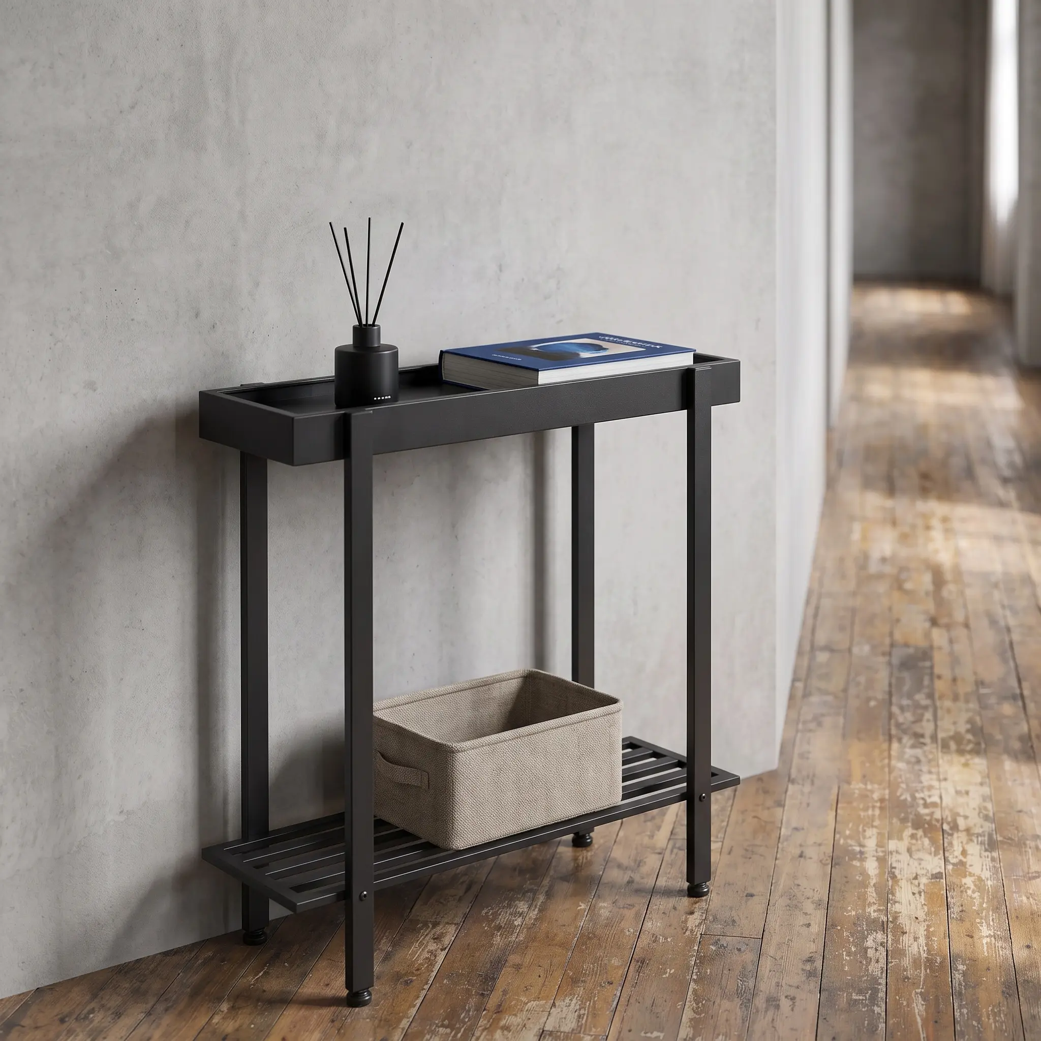 2 Tier Narrow Sofa Side Table, 26" Long Slim End Table with Raised Tray Top and Magazine Storage Shelf, Metal Couch Side Table for Living Room, Bedroom & Small Spaces, Black
