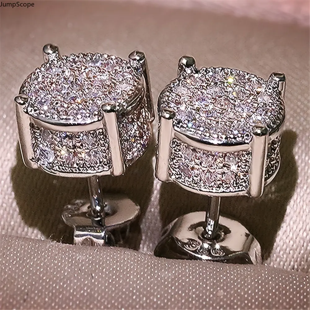 Two Tone Gold Silver Full Paved CZ Round Stud Earrings For Men Women, 4 Prong Halo Crystal Minimal Unisex Hip Hop Stackable Sparkly Ear Jewelry For Street Party Daily Commute Wear