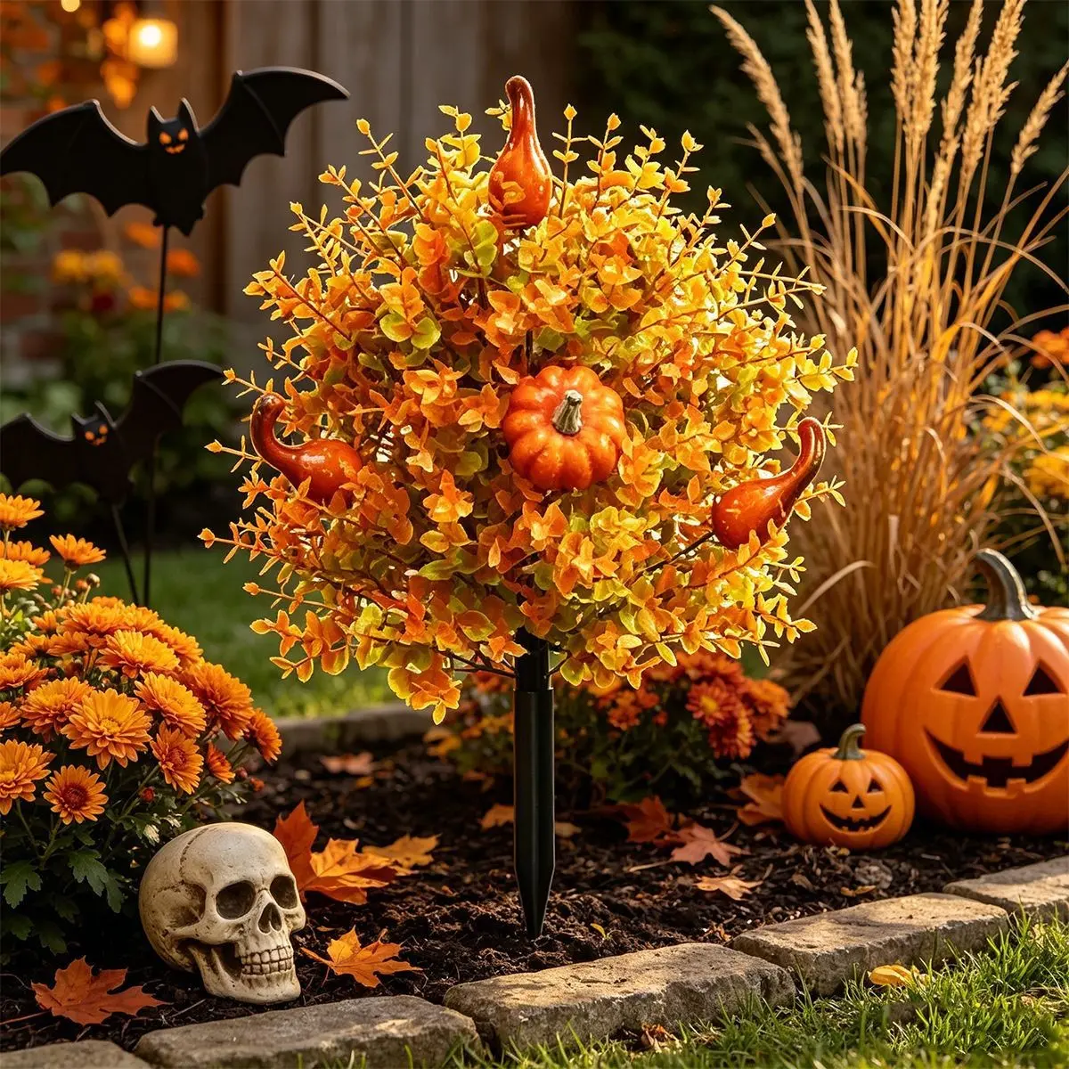 22in Artificial Fall Pumpkin Topiary Tree, Autumn Decorations, Eucalyptus Stakes, Porch Pathway Decor, Halloween Plant Set, Artificial Plants