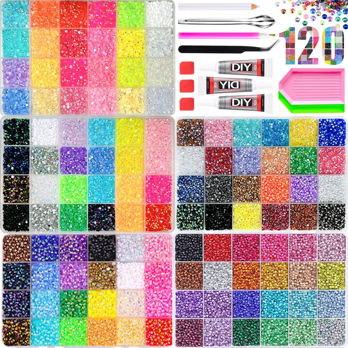 This flatback resin rhinestone set, Nail Art Supplies, comes with 120 grids of multi-color rhinestones covering rainbow bright shades, metallic glitter, transparent styles, equipped with a tool gift pack, mid year sale, deals for you