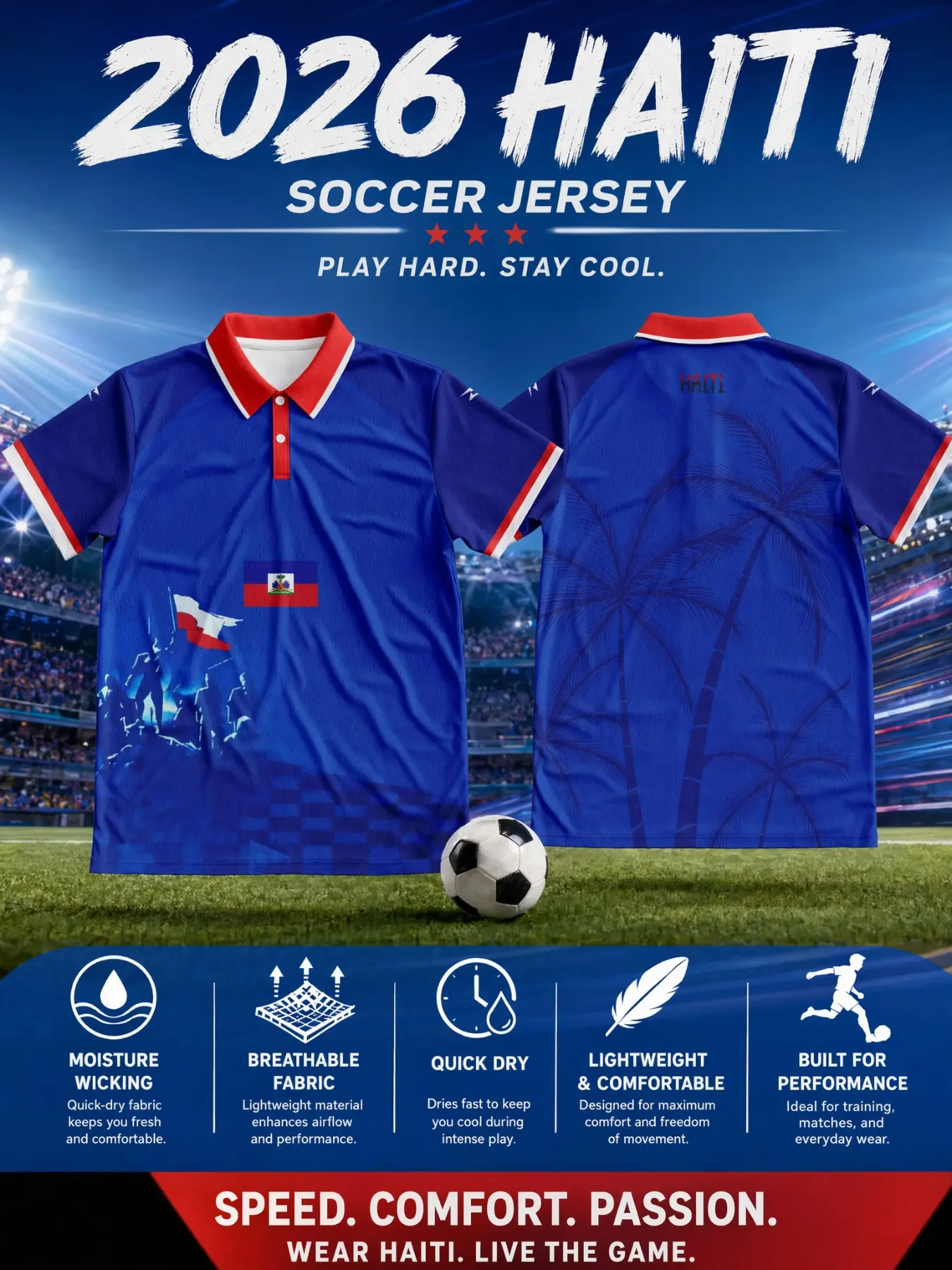 2026 Haiti National Football Men's Collared Jersey, Bright Blue Mesh Short Sleeve, Quick-Dry Breathable, Palm Tree Back Print, All Seasons, Lightweight Jersey, Soccer Jerseys