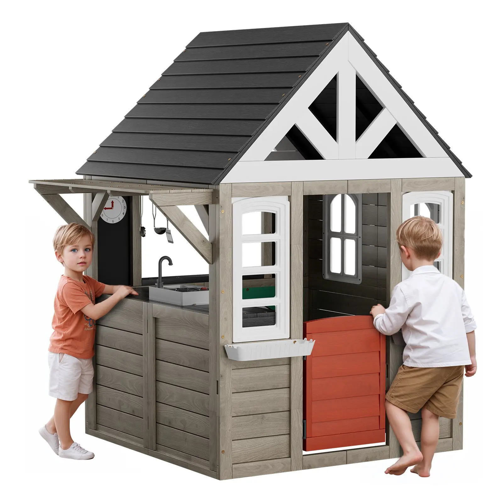 VEVOR Outdoor Wooden Playhouse, Modern Cedar Playhouse for Age 2-10 Years Kids, Garden Games Cottage, Country Style Cedar Playhouse with Working Door, Window, Flower Pot Holder, Grill, Stove, and Sink