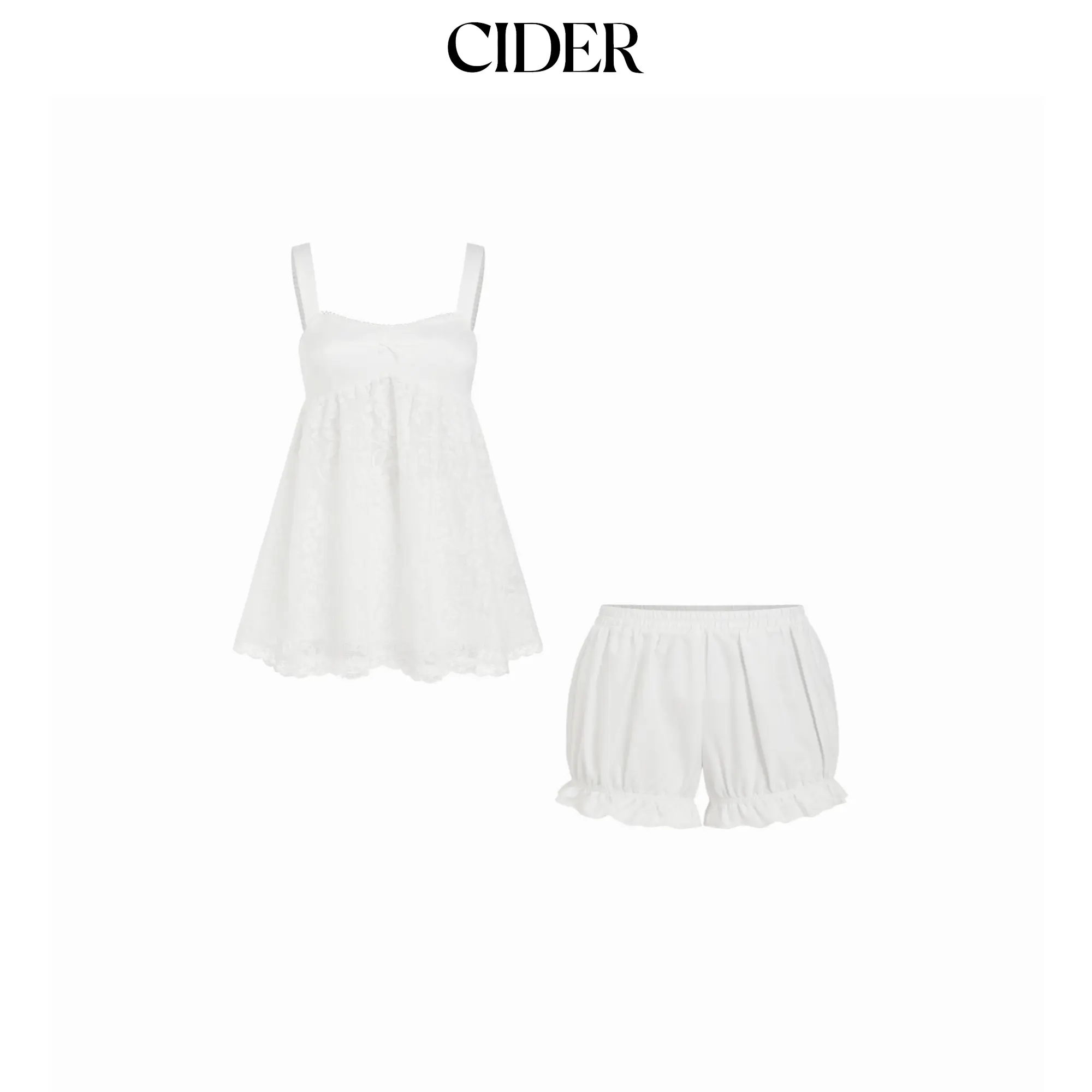 Cider Square Neck Lace Bowknot Oversized Top & Mid Rise Ruffled Shorts Set SohoChic
