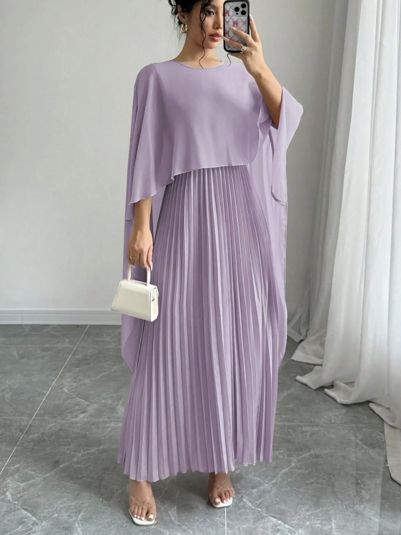 Elegant Minimalist Light Pleated Dress, Flowy Cape Sleeves, High Waist, Perfect for Formal Dates and Evening Events, Spring Summer New Arrival