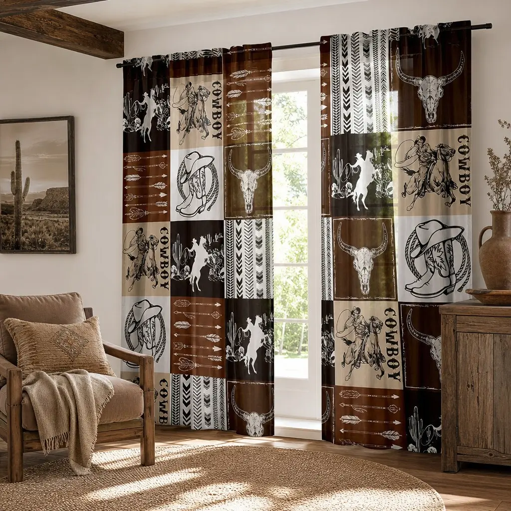 Denim Themed Curtains with Bull Head Horse Arrow Design, Geometric Plaid Western Motifs, Translucent Polyester for Bedroom Living Room Decor, Window Drapes, Home Decoration Curtain, Home Decorative Curtain