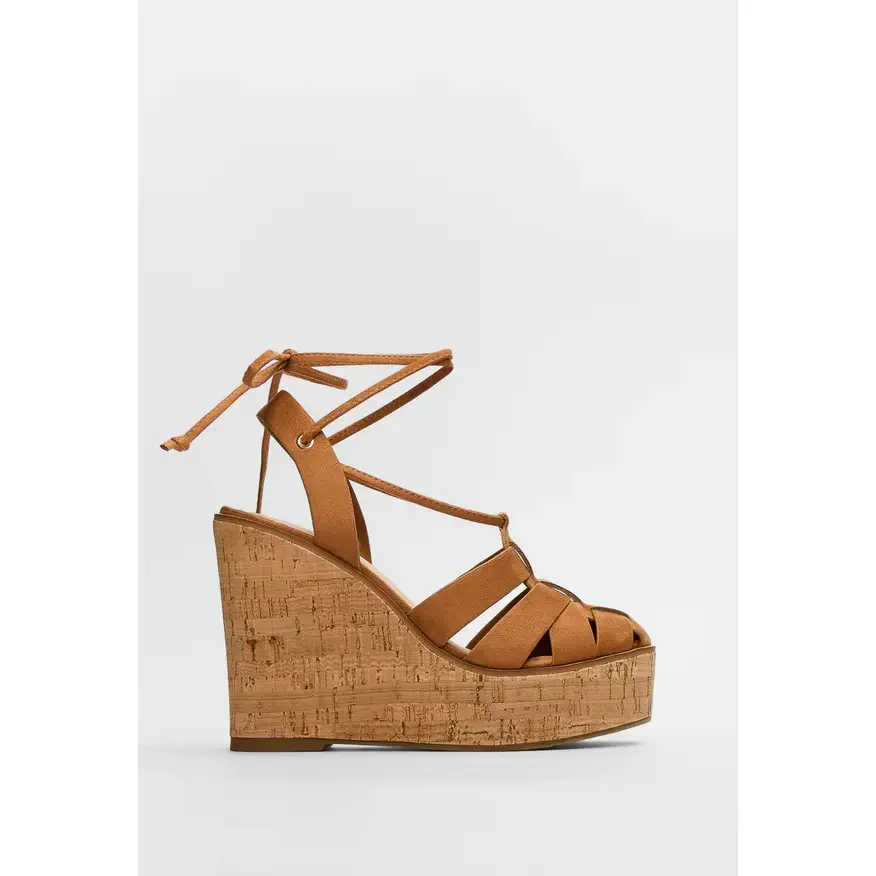 JUST FAB Women's Suede Cork Wedge Sandals, Closed Toe Fisherman Platform Heels with Lace-Up Ankle Tie, 5" Boho Resort Wedges Vacation Sandals Summer Wedge Heels