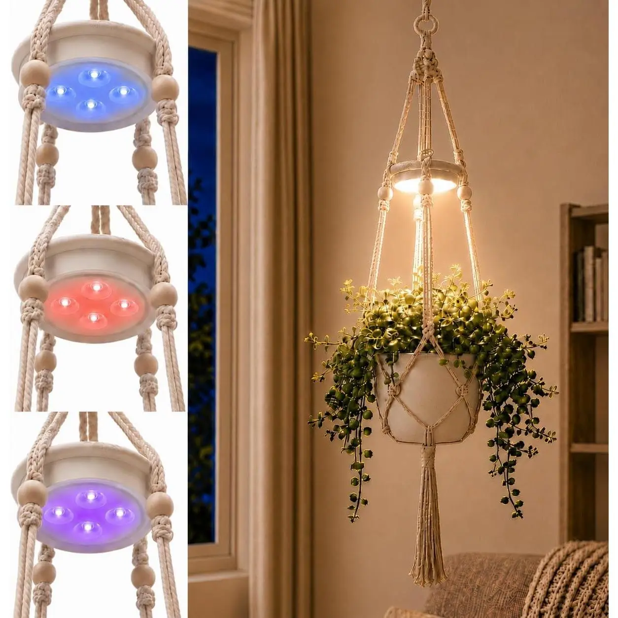 Hanging Rechargeable Plant Grow Lights for Indoor with Timer, Wireless Battery Powered Full Spectrum Pendant Growing Light with Macrame Plant Hanger, Wall/Ceiling Mounted Planta Luz for Home Decor