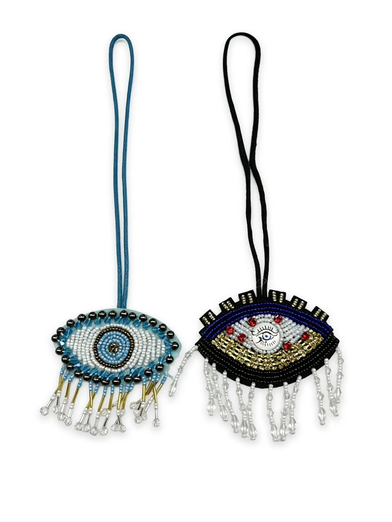 Two Colorful Handmade Beaded Evil Eye Keychains Set, Blue Gold Fringe Eye Bead Embroidery Pendant, Lucky Backpack Decoration, Aesthetic Keychain