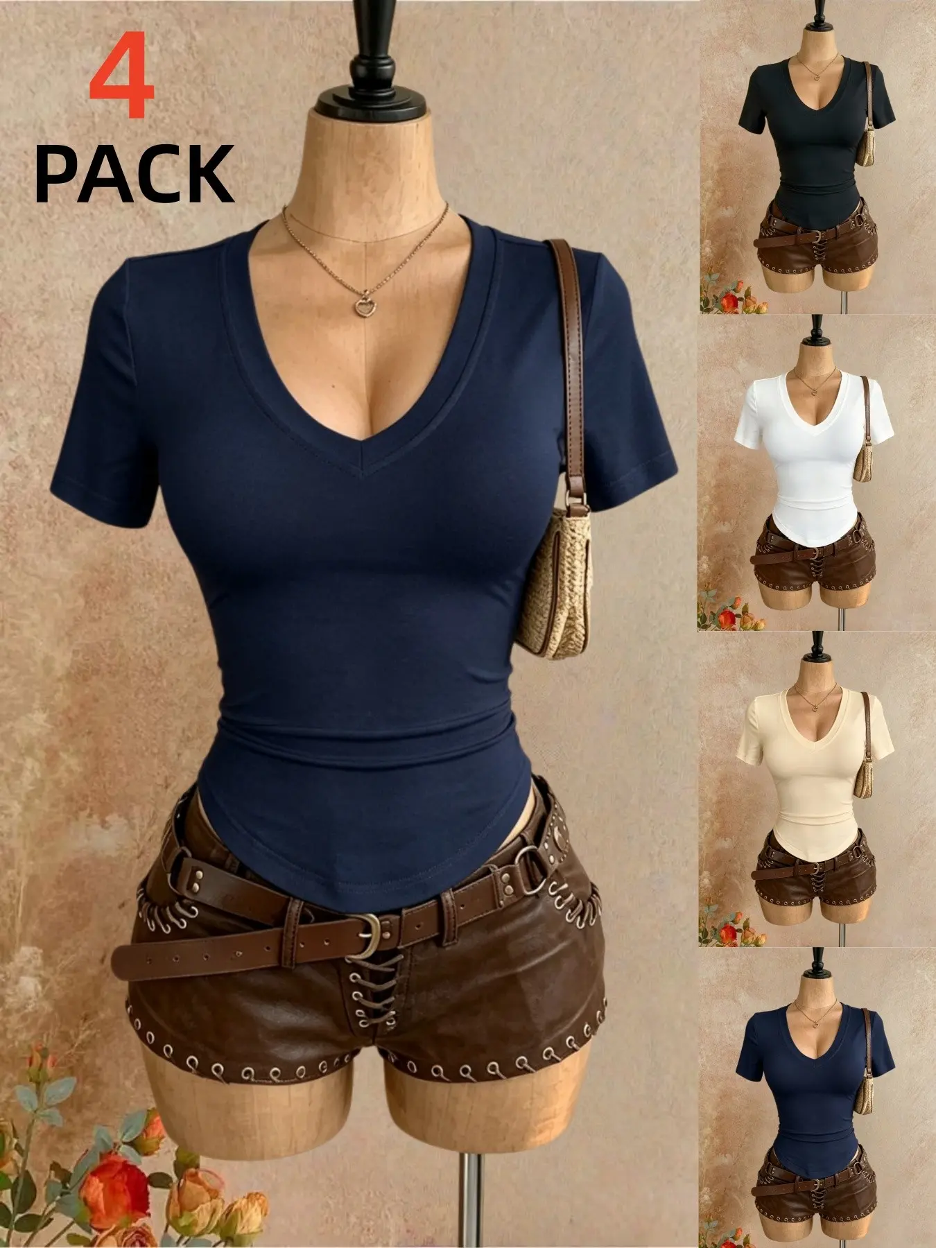 Sexy Deep V-Neck Slim Fit Short Sleeve Top, Elastic Curved Hem, Casual Daily Wear, Basic Summer T-Shirt Set of Four Pieces