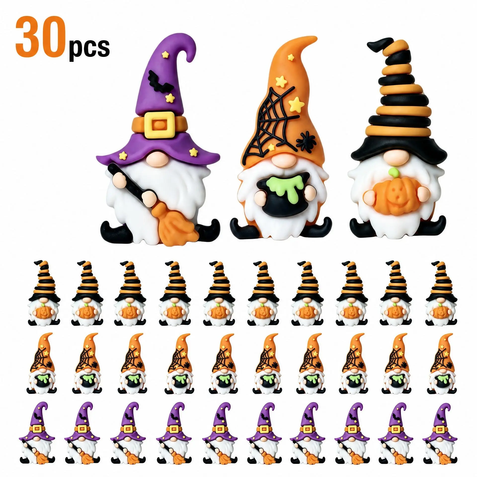 30PCS Halloween Gnome Figurines, Mini Resin Gnome Decorations, 3 Random Styles Witch, Pumpkin & Cauldron Gnomes, Cute Tiered Tray, Tabletop & Home Decor
