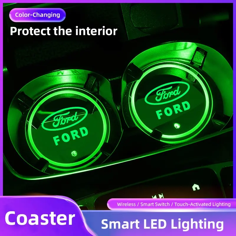 2pcs Automotive Water Cup Pad LED Atmosphere Light, Compatible with Ford Mustang F150 Explorer Expedition Escape Bronco Capri Fiesta Focus Ecosport Figo Maverick Ranger S-MAX Mondeo F250 F350 Galaxy Everest Kuga EDGE