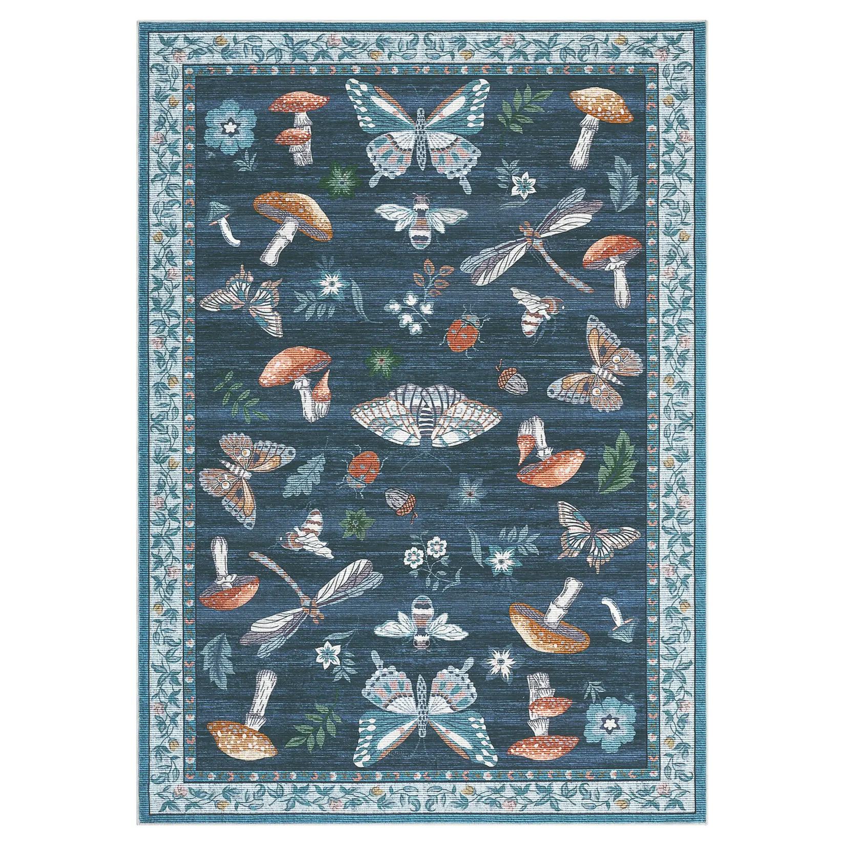 Washable Mushroom & Butterfly Area Rug - Non-Slip Low Pile Carpet - Soft Collapsible, Spot Resistant Mat for Hallway, Living Room, Bedroom, Nursery