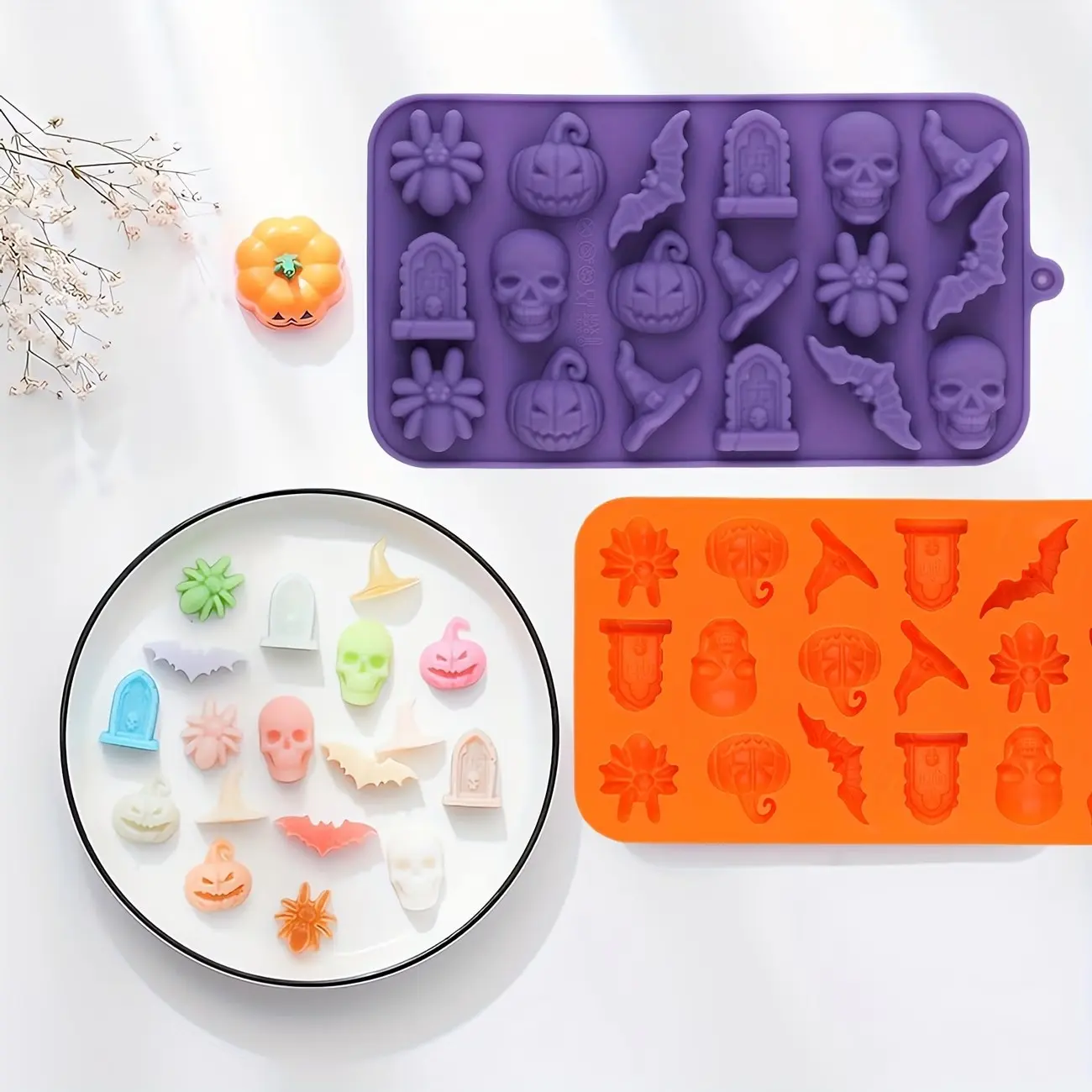 Halloween Candy Silicone Molds Set of 4, 3D Chocolate Molds for Skeletons, Pumpkins, Bats, Ghosts, Witch Hats, Spiders, Gummies
