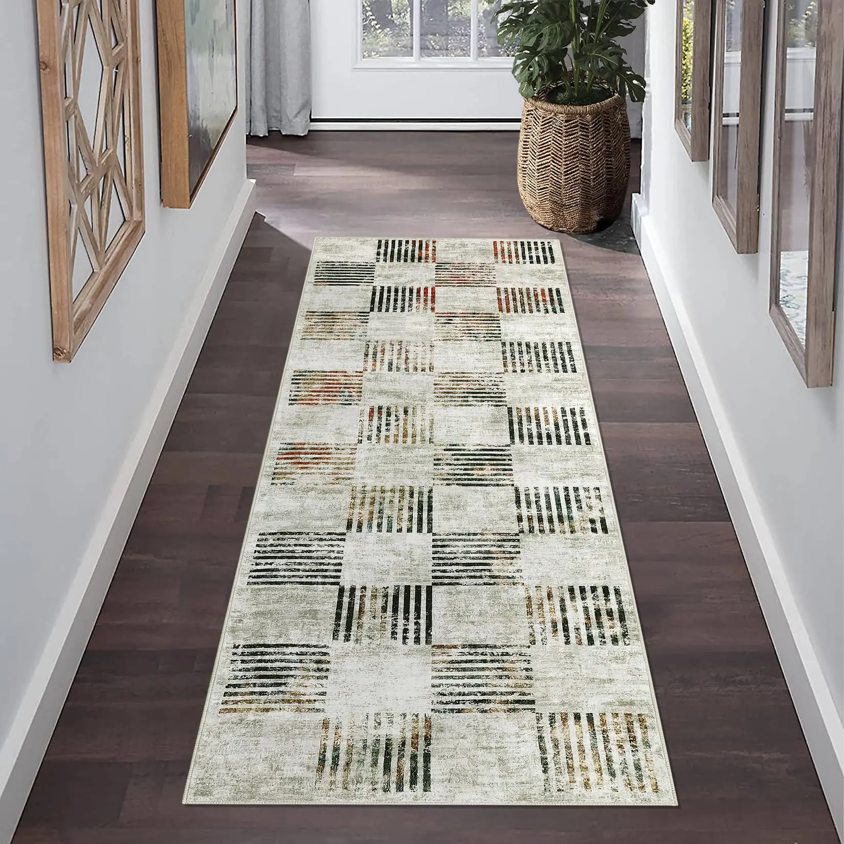 GARVEEModern Washable Runner Rug, 2x6 ft, Non-Slip and Stain-Resistant, Featuring Checkered Geometric and Abstract Farmhouse Designs, Ideal for Entryway, Kitchen, Bathroom, Bedroom, Laundry, or Hallway in Grey or Sage