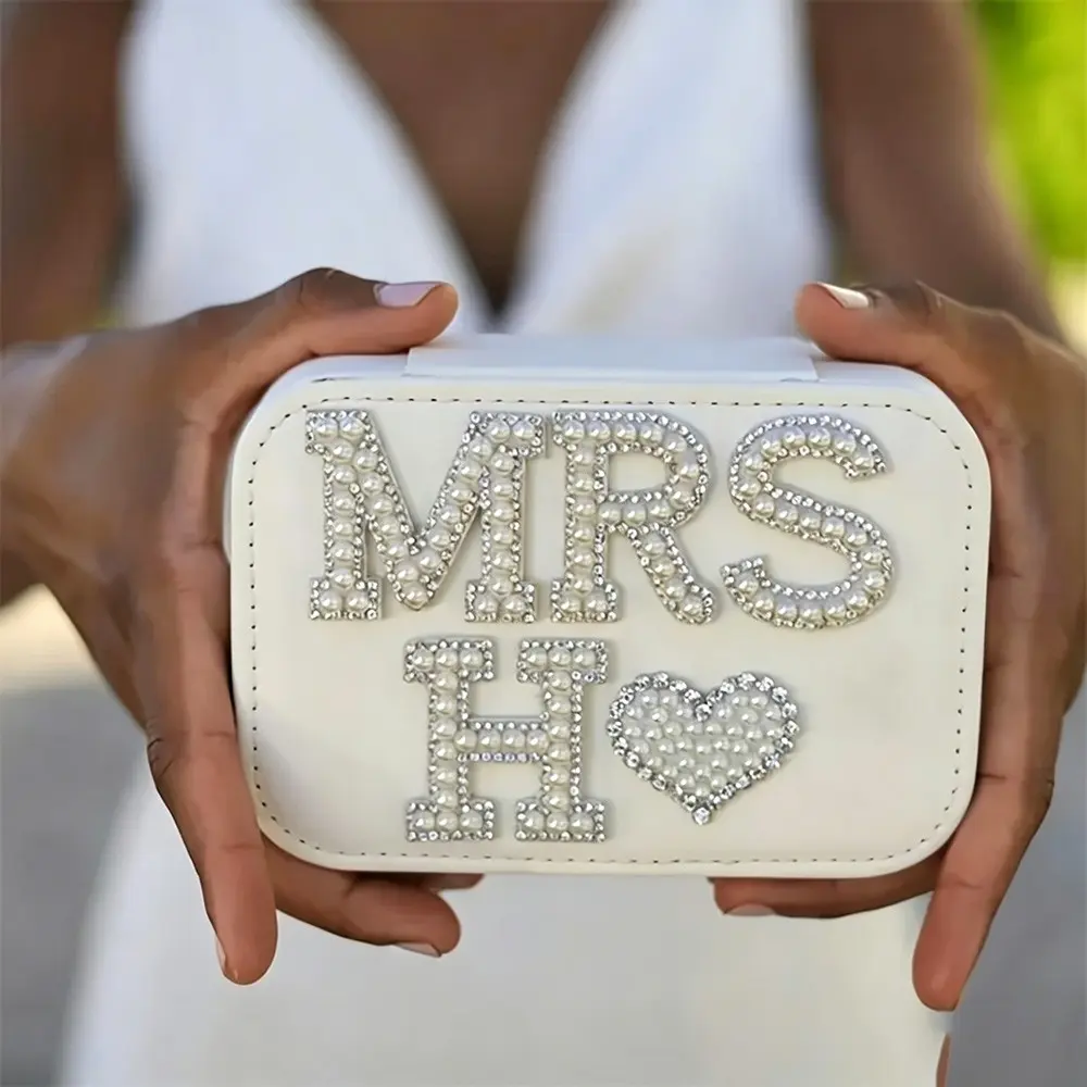 Pearl Initial Mrs A-Z White Jewelry Travel Organizer Box, Box with Lid Bridal Shower rustic beach destination Wedding engagement Honeymoon Bachelorette decoration bride to be Gift Present Trinket Boxes