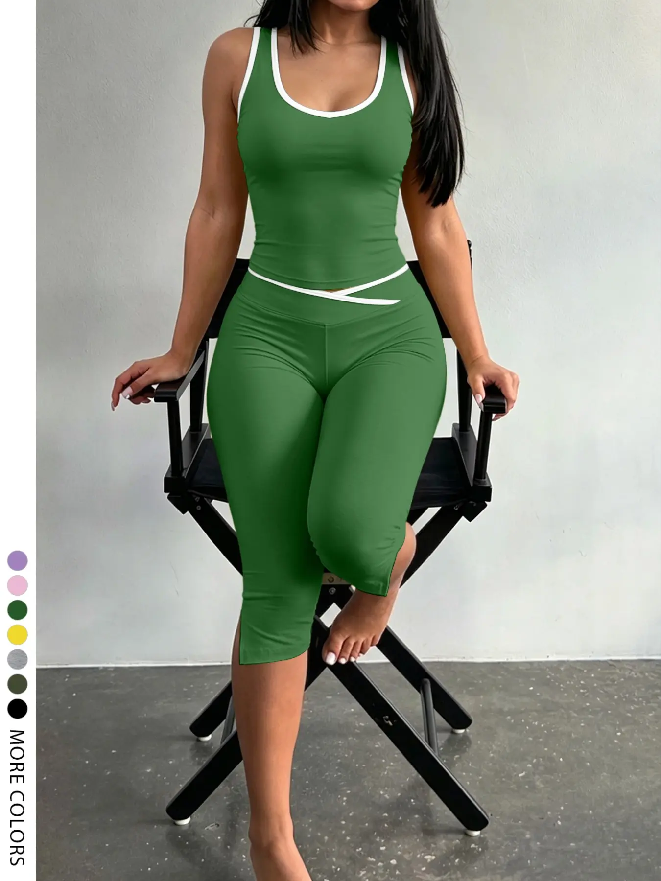 Lw Sherowear Women's Contrast Trim U Neck Sleeveless Crop Tank Top & Wrap Waist Capri Leggings 2 Piece Matching Set, Multi Colors Soft Stretch Slim Bodycon Casual Loungewear Tracksuit for Workout Daily Street Vacation Leggings Sets