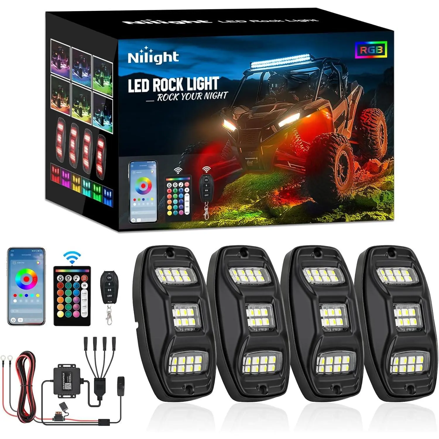Nilight RGBW LED Rock Lights Kit - 4 Pods 22LED Wide Angle, Remote & Bluetooth App Dual Control, Music Modes, Aluminum Housing, Neon Glow Underglow, Offroad Lights for ATV/UTV/SUV, Off Road Accessories, Atv/Uav/Suv