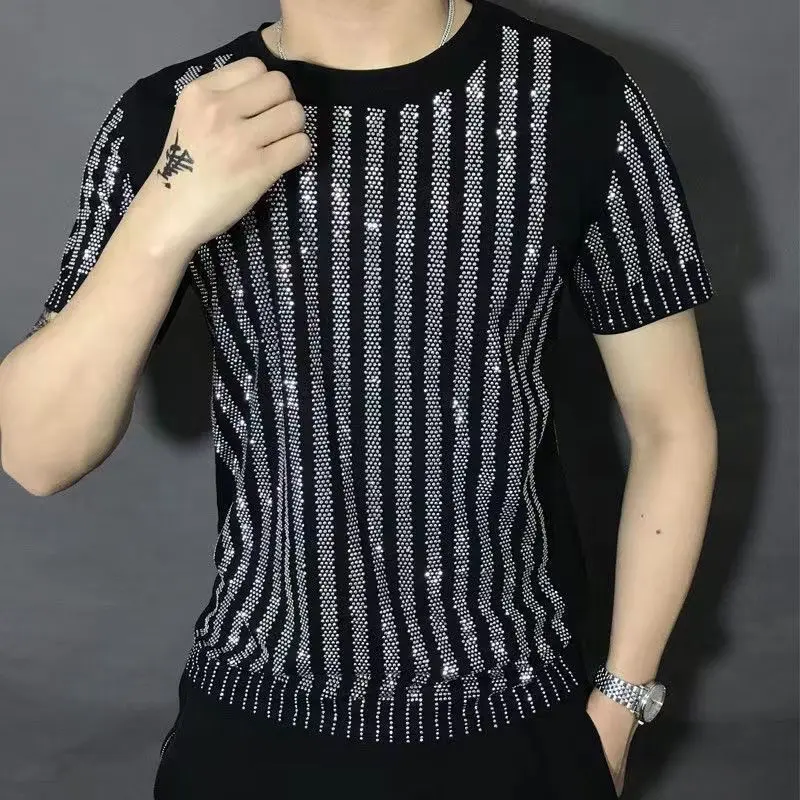 Men's Striped Rhinestone Slim-Fit Round-Neck Shortsleeve Tshirt - High-Quality White Casual Menswear, European-American Style Streetwear Trendy Top