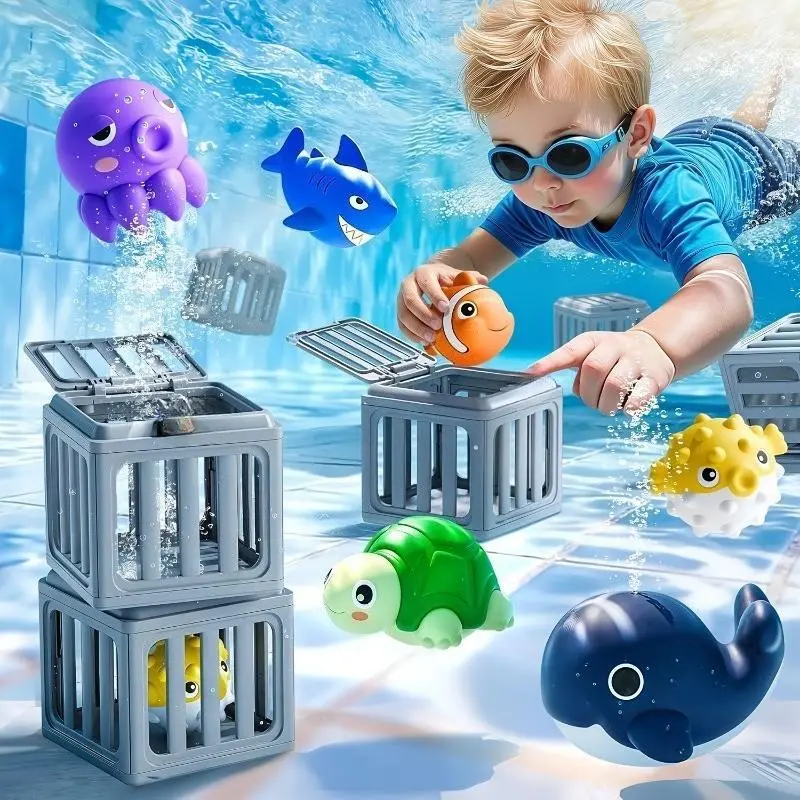 Pool Diving Toy Set for Kids, Assorted Floating & Sinking Plastic Sea Animal Toys with Fish Storage Box, Fun Water Playset for Bath & Swimming