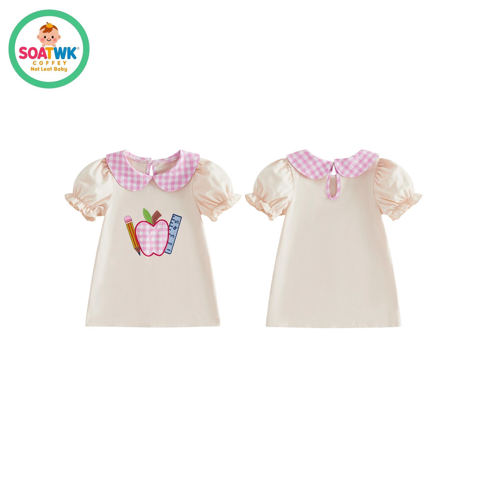 Little Girls Back to School Dress Summer Short Sleeve Plaid Doll Collar Apple Ruler Embroidered Dress Little Girls Back to School Dress Summer Short Sleeve Plaid Doll Collar Apple Ruler Embroidered Dress