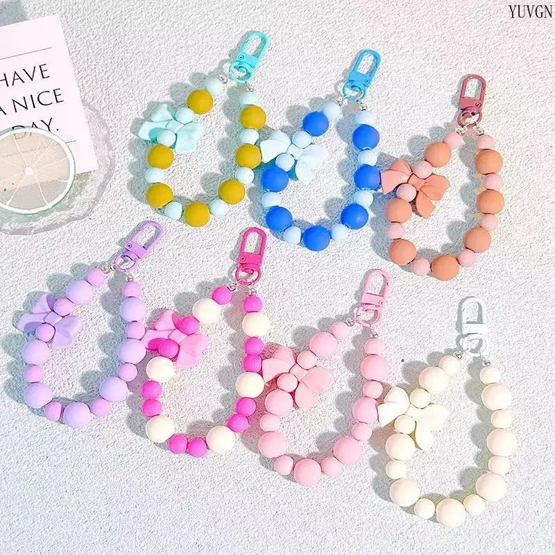 Pastel Beaded Loop Bag Charm, Bow Accent Wrist Strap Keychain, Trendy Colorful Decor Accessory for Backpack Handbag Daily