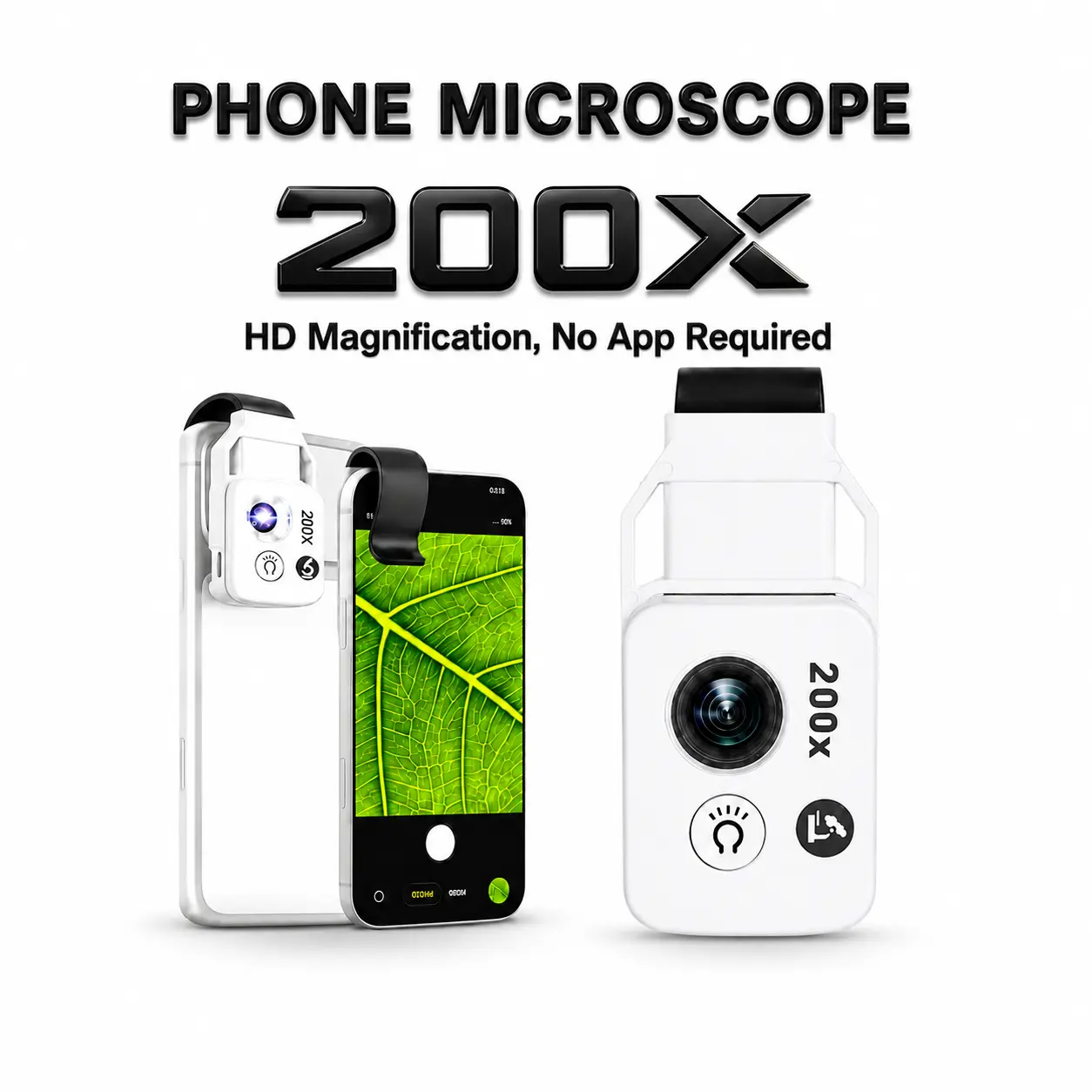 200X Phone Microscope Lens, Nano Zoom Phone Micro Lens for iPhone Android with LED Light Universal Clip, Portable Mini Pocket Smartphone Macro Lens for Coin, Plant, Jewelry, Textile and Circuit Inspection