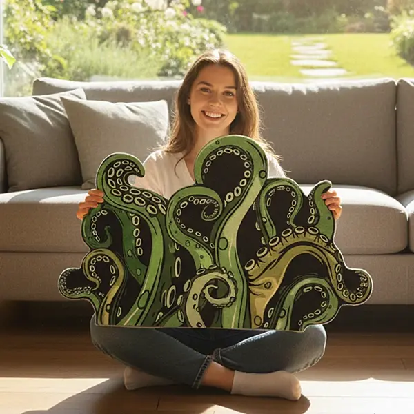 Quirky Ocean Theme Octopus Print Area Rug - Irregular Green-Purple, Non-Slip, Soft Pile, Washable Floor Mat for Gaming Room, Bedroom