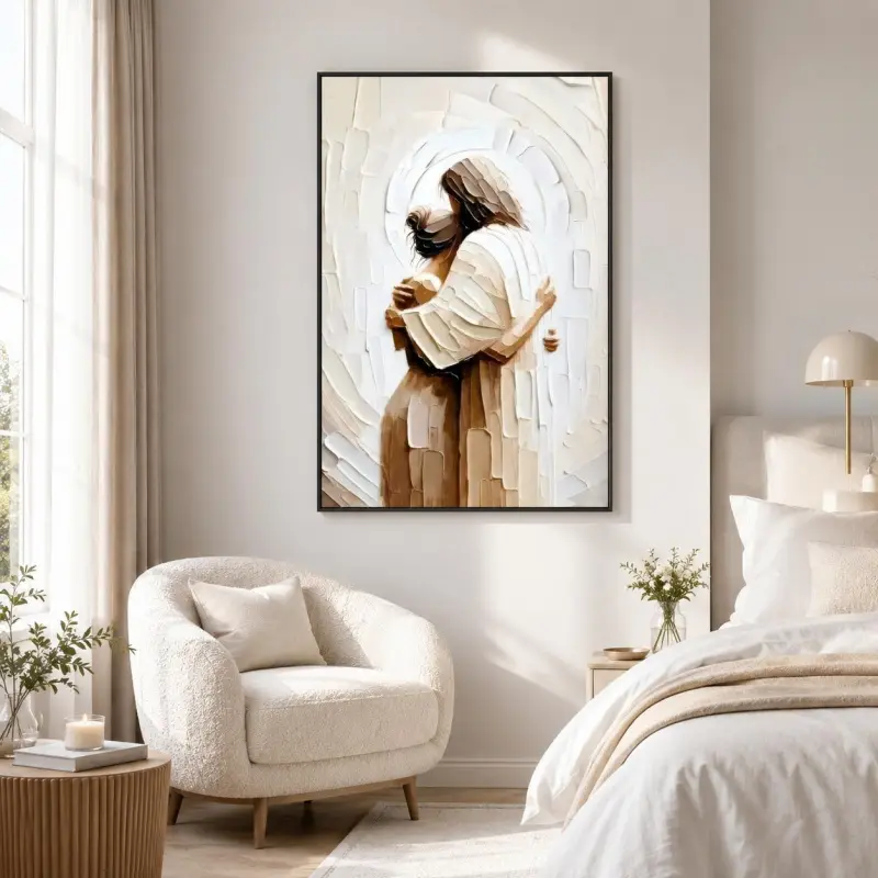 Jesus Embracing Woman Framed Canvas Print Wall Art - Artistic Eco-Friendly Decoration with Fade-Resistant, Waterproof, UV-Protected Vibrant Colors, Wipe-Clean Hanging Piece for Home Church, Dorm Room Decor Gifts (Home Inspo Focused), Religious