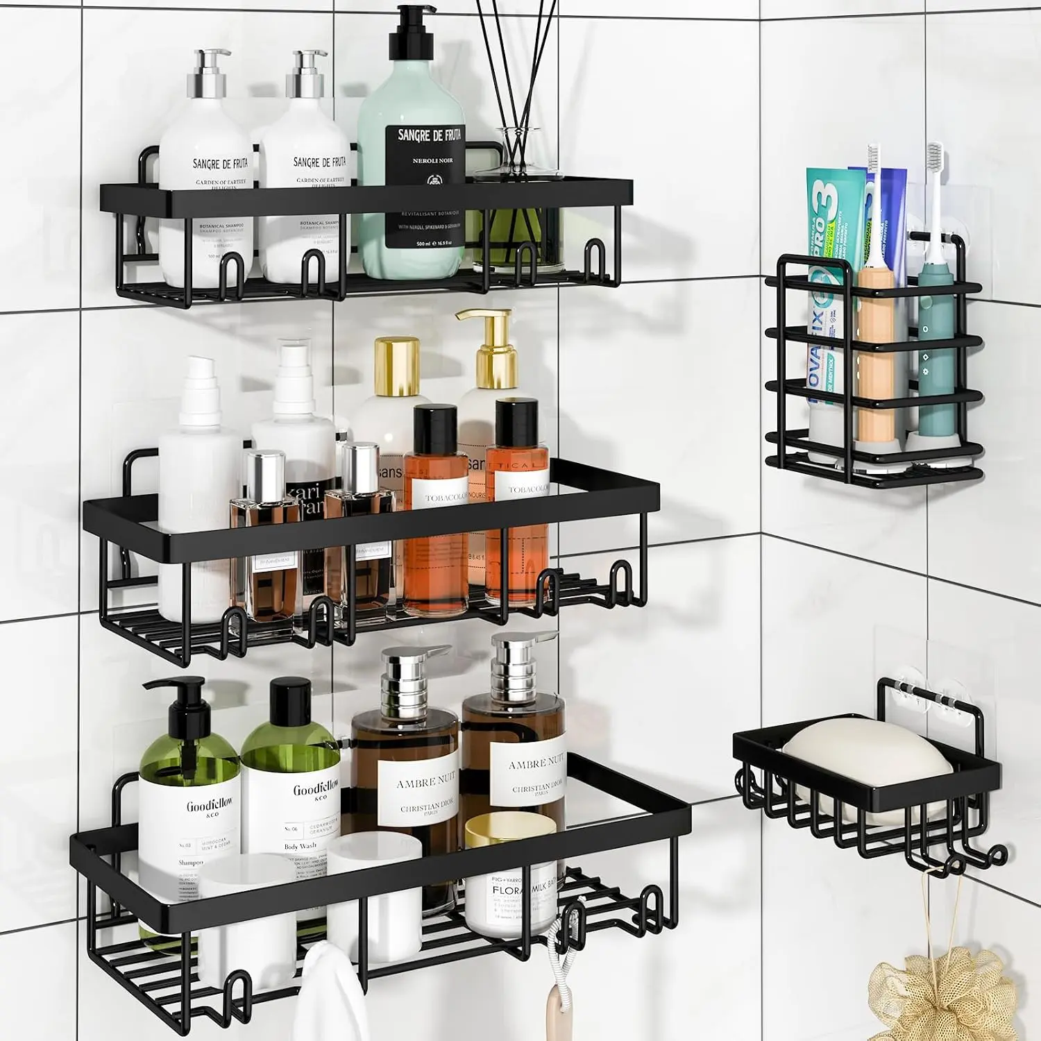 5 Pack Shower  Organizer Rack Shelf for Inside Shower, Adhesive Bathroom Wall Storage Basket Rustproof Stainless Steel Shampoo Holder, Bathroom Accessory Decor Set, Black.