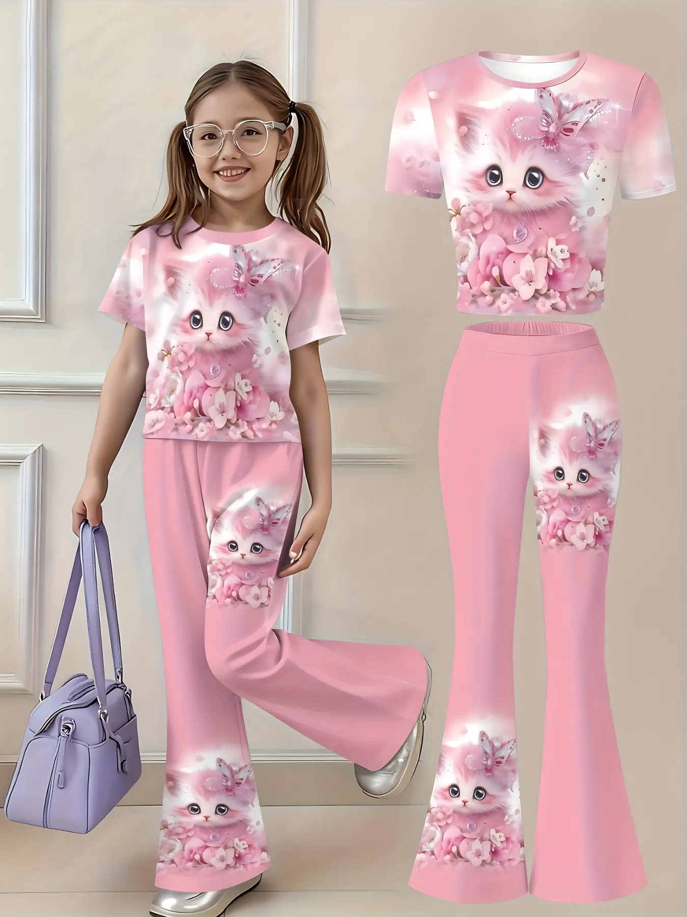 Soft Pink Cherry Blossom Butterfly Kitten Gradient Print 2 Piece Matching Set Soft Stretchy Crop Tee Flare Bell Pants Birthday Vacation Photo Viral Kidcore Summer Fashion