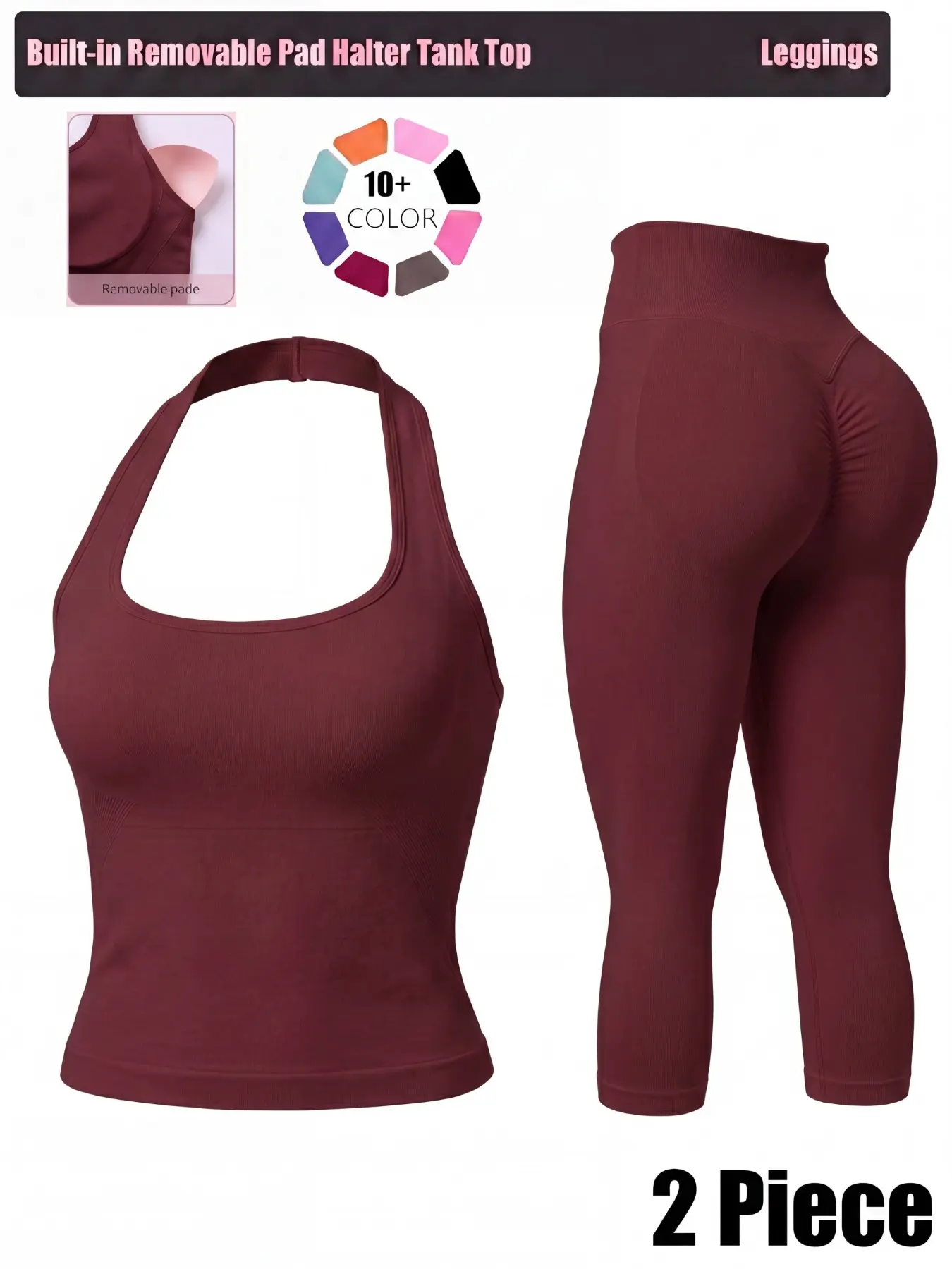 Women's Two-Piece Set Solid Seamless Halter Neck Crop Tank Tops Removable Pads& High Waist Capris Yoga Legging Set, Breathable Comfortable Outfits for Yoga Gym Workout Running, Ladies Sportswear, Fitness Clothing, Gymswear, All Season Activewear