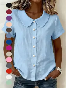 2026 Summer Women's Pure Color Solid Short Sleeve Casual Shirt, Loose Fit Cotton Linen Peter Pan Collar, European & American Style Top