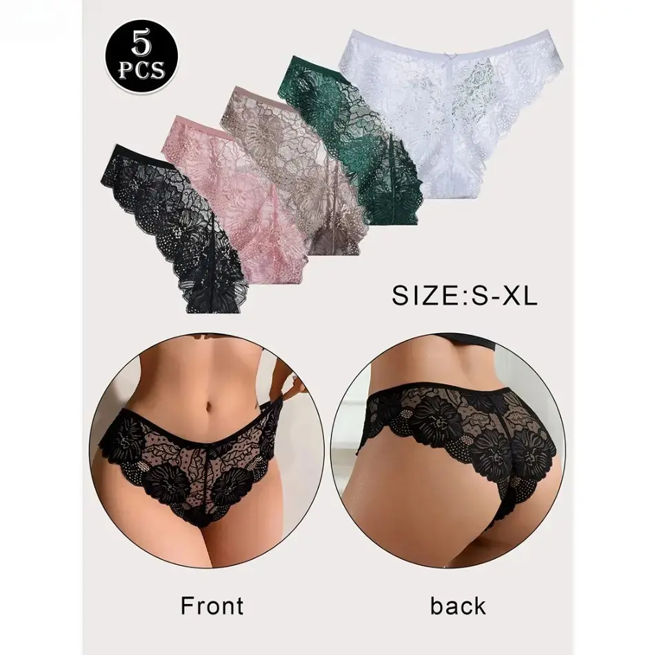 Women's Summer High-Cut Knicker, Sexy Hollow-Out Lace Low-Rise Panties with Cute Bow Decor, Breathable Soft Seamless Stretch All-Match Lingerie Underwear for Daily Wear, Low Waist, Cheeky, Pack Of 5, 5 Pcs, Basic, Elegant, Fitted Lace Panties, Lady