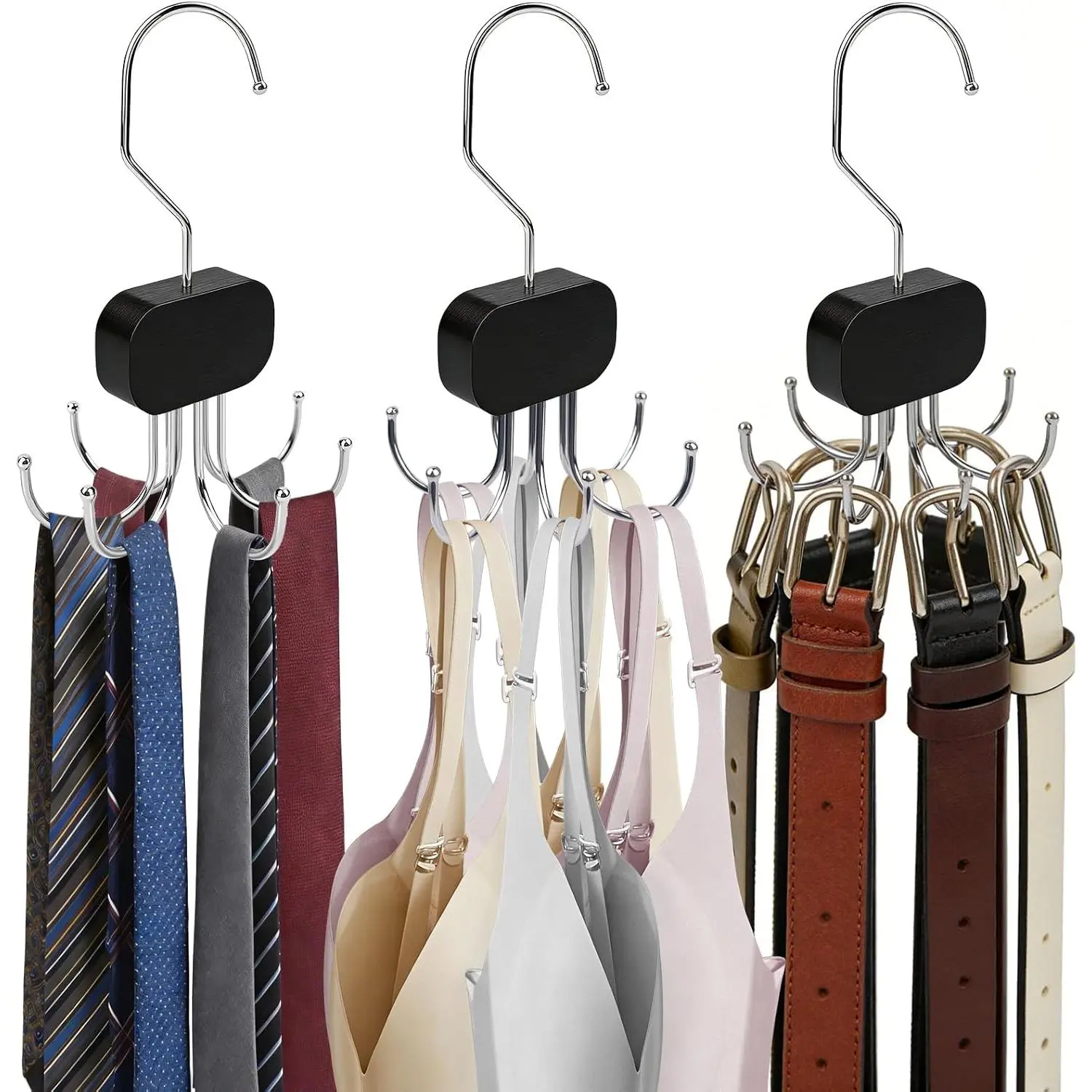 3 Pack  Top Hanger, Rotatable Bra Organzier for Closet, Bra Hanger for Closet Organizer, 360° Rotating & Foldable, Metal and , Space-Saving Belt Hangers for  Tops, Belt, Tie (Black)
