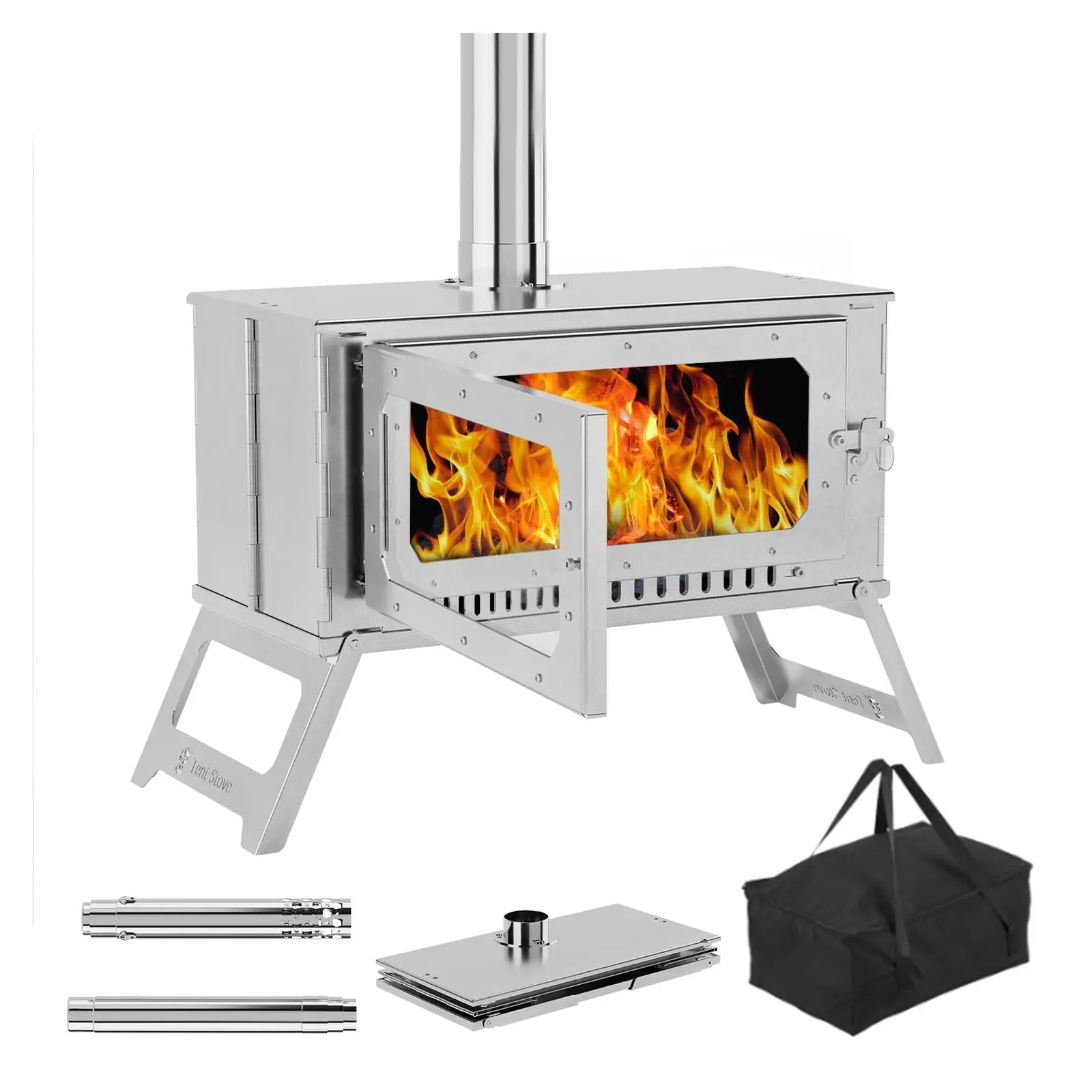 304 Stainless Steel Tent Stove, Portable Foldable Wood Burning Stove for Camping & Survival, 1.2" Ultra-Thin Compact Design with Glass Window, Outdoor Heating & Cooking Station for Hot Tents & Ice Fishing, Carry Bag Included, Rust-Resistant