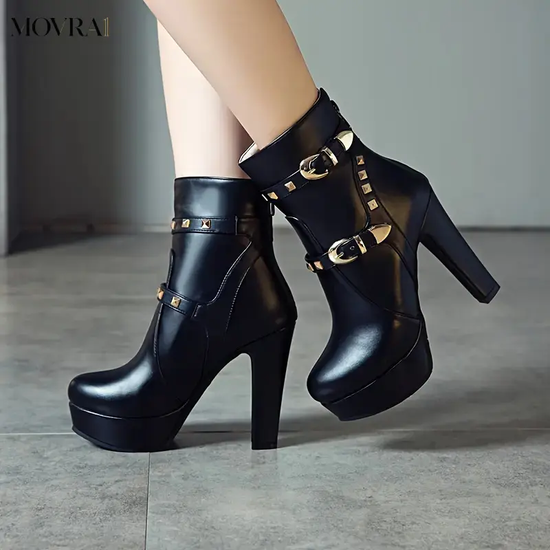 MOVRA1 [Winter Ankle Boots] Comfortable Block Heel Women's Black Faux Cover Ankle Boots |    & Metal, Platform Booties Winter Style
