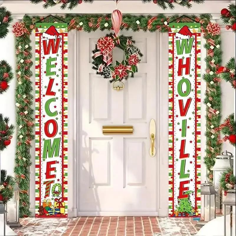 2 Piece Set Whoville Polyester Door Banner, Durable Outdoor Christmas Entrance Decor, Festive Party Decoration, 11.8x70.86in